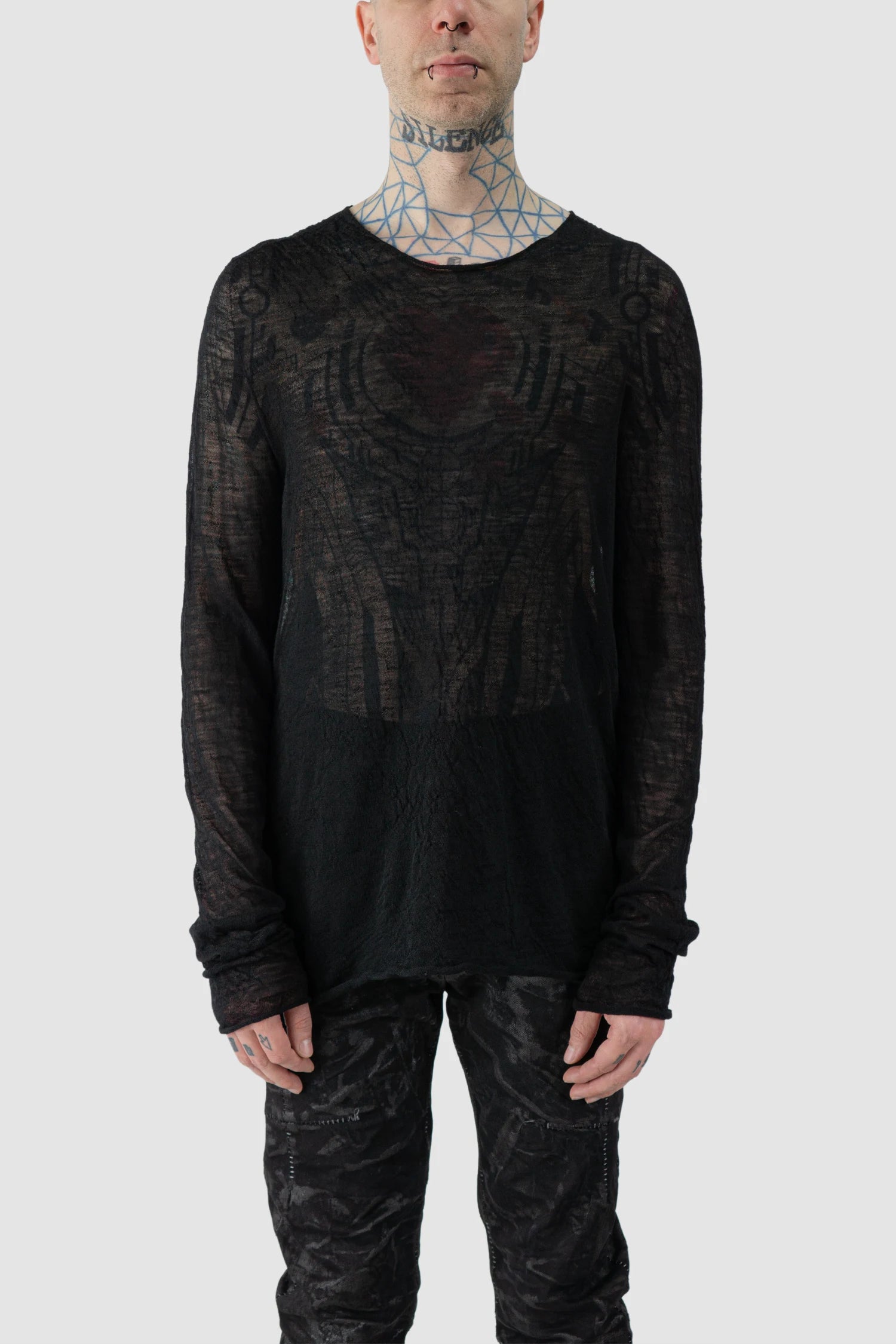 MD75 - model front only black view of men’s Black and White Double Layer Thin Knitted Wool Long Sleeve Sweater