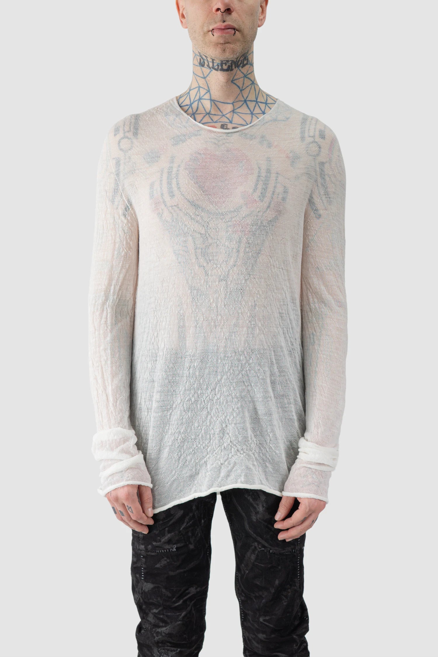 MD75 - model front only white view of men’s Black and White Double Layer Thin Knitted Wool Long Sleeve Sweater