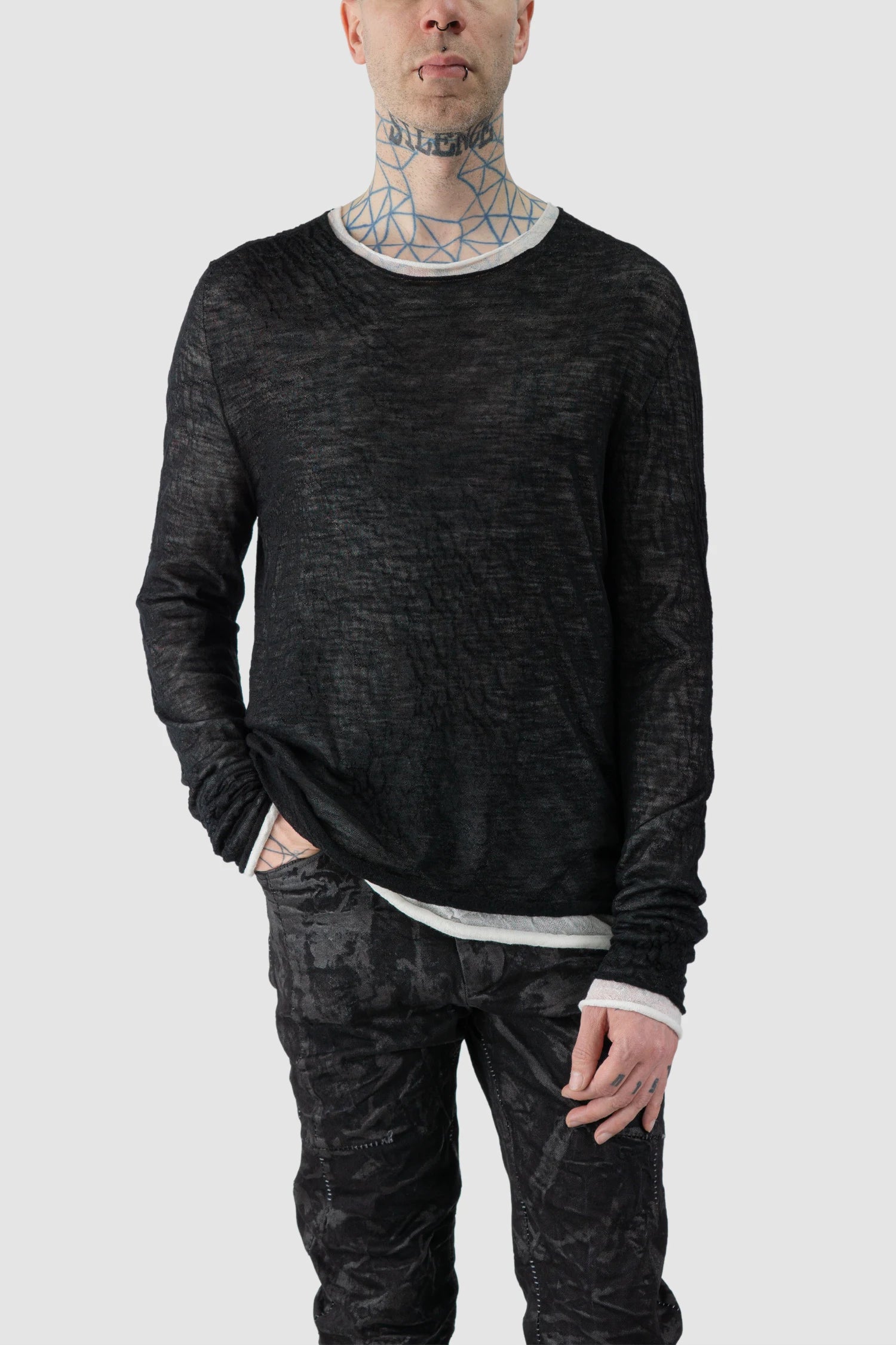 MD75 - model front relaxed view of men’s Black and White Double Layer Thin Knitted Wool Long Sleeve Sweater