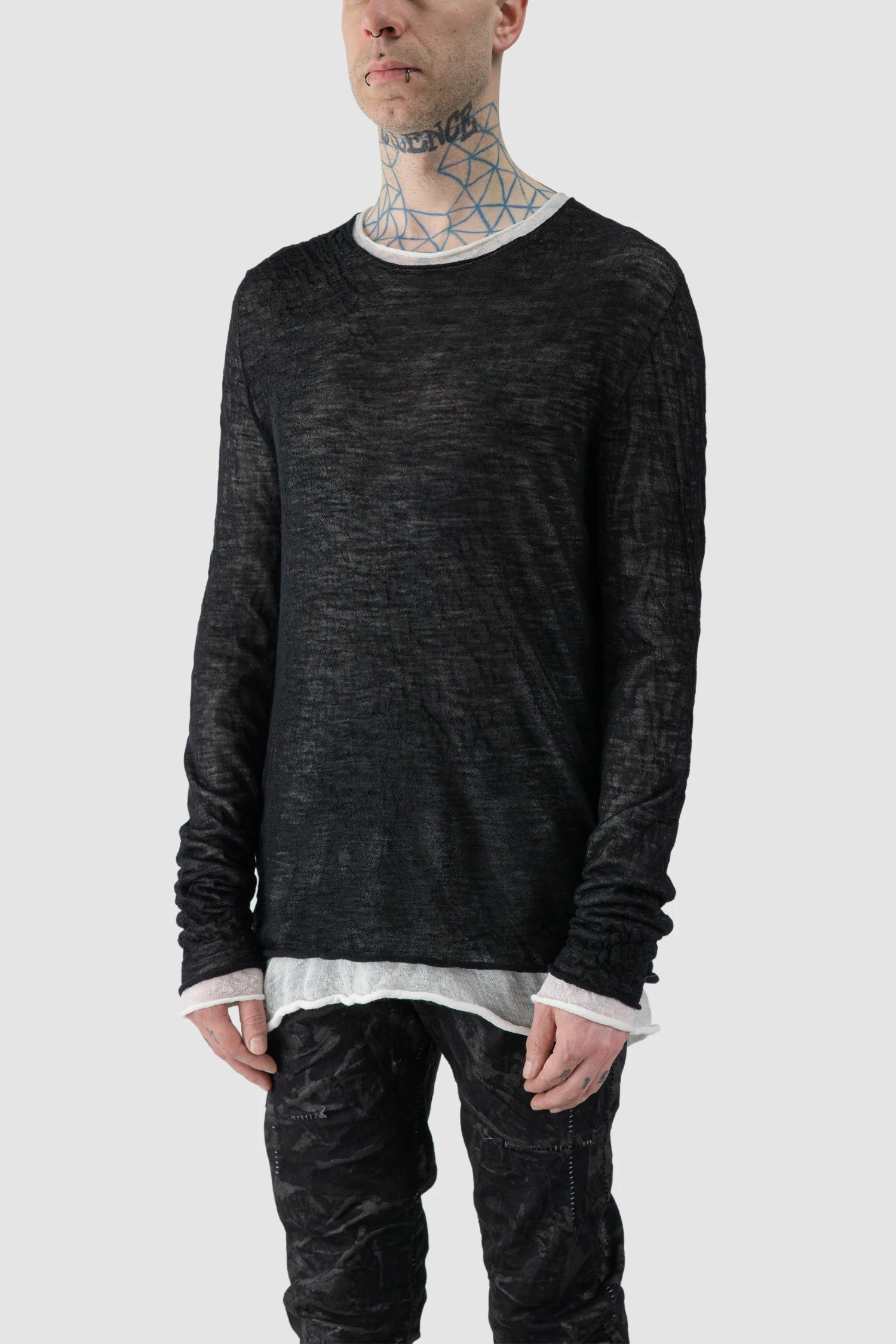 MD75 - model front side view of men’s Black and White Double Layer Thin Knitted Wool Long Sleeve Sweater
