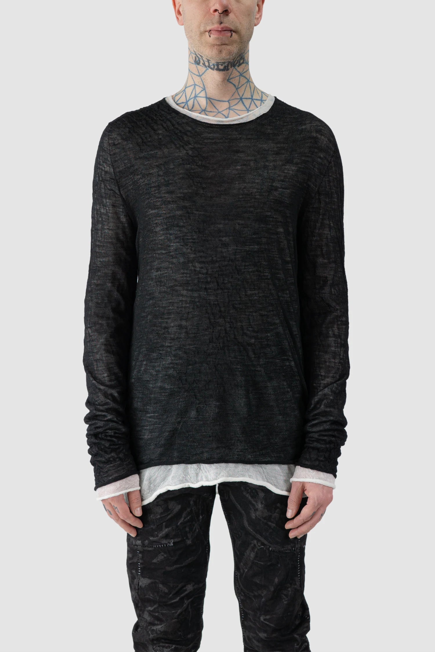 MD75 - model front view of men’s Black and White Double Layer Thin Knitted Wool Long Sleeve Sweater