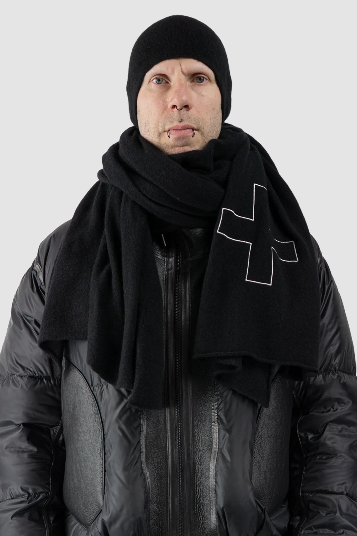 MD75 - Men's Black Cashmere Blend Scarf with Embroidered Logo - model front view 1 - MONO-KROM | Gallery