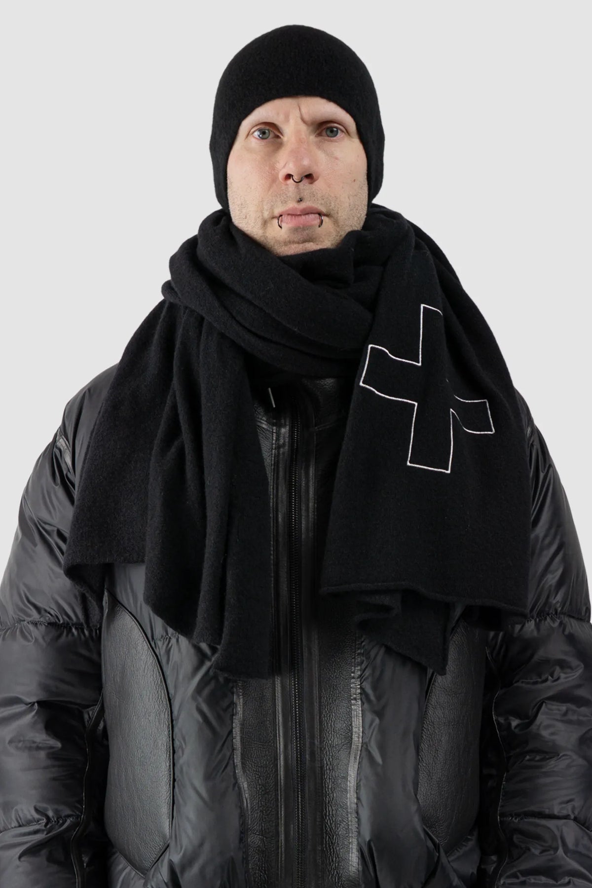 MD75 - Men's Black Cashmere Blend Scarf with Embroidered Logo - model front view 1 - MONO-KROM | Gallery