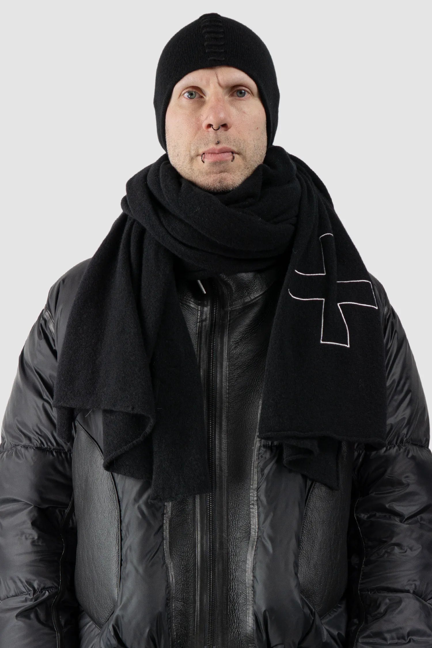MD75 - Men's Black Cashmere Blend Scarf with Embroidered Logo - model front view 2