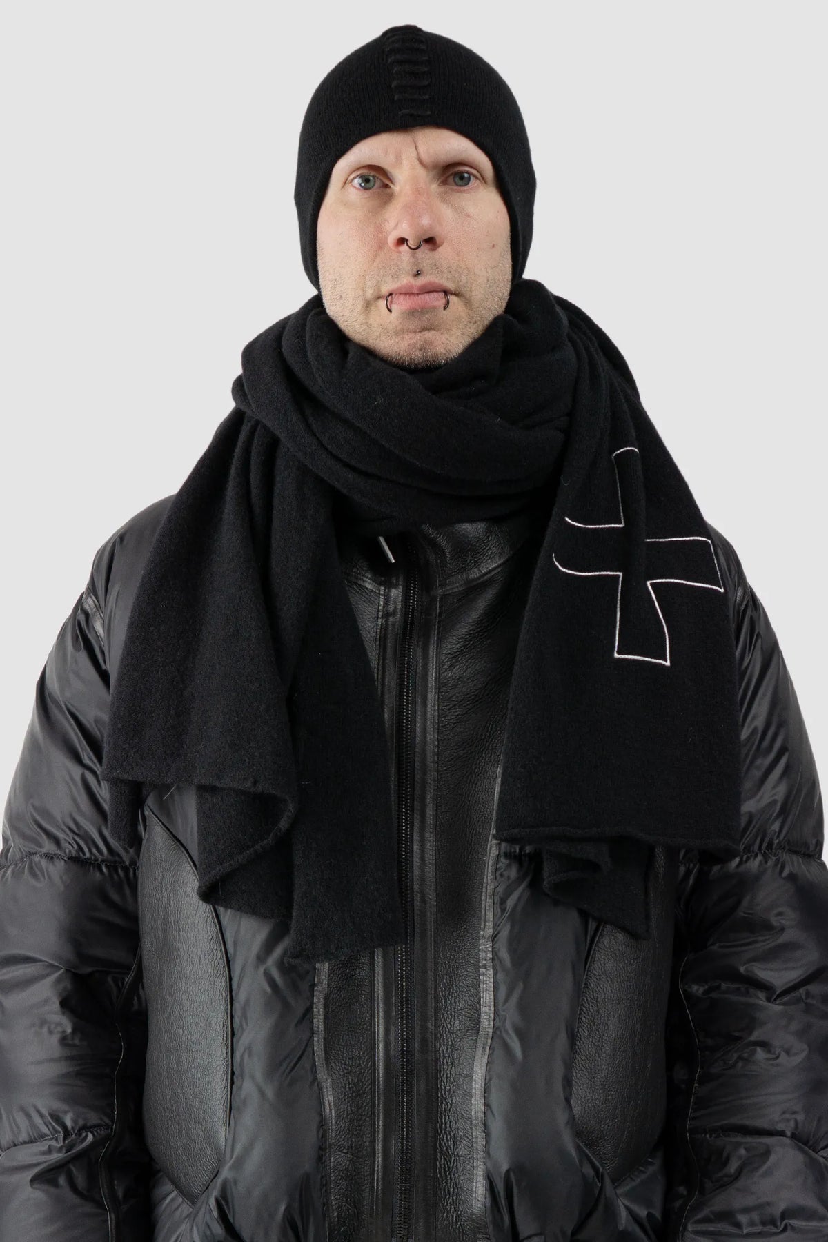 MD75 - Men's Black Cashmere Blend Scarf with Embroidered Logo - model front view 2