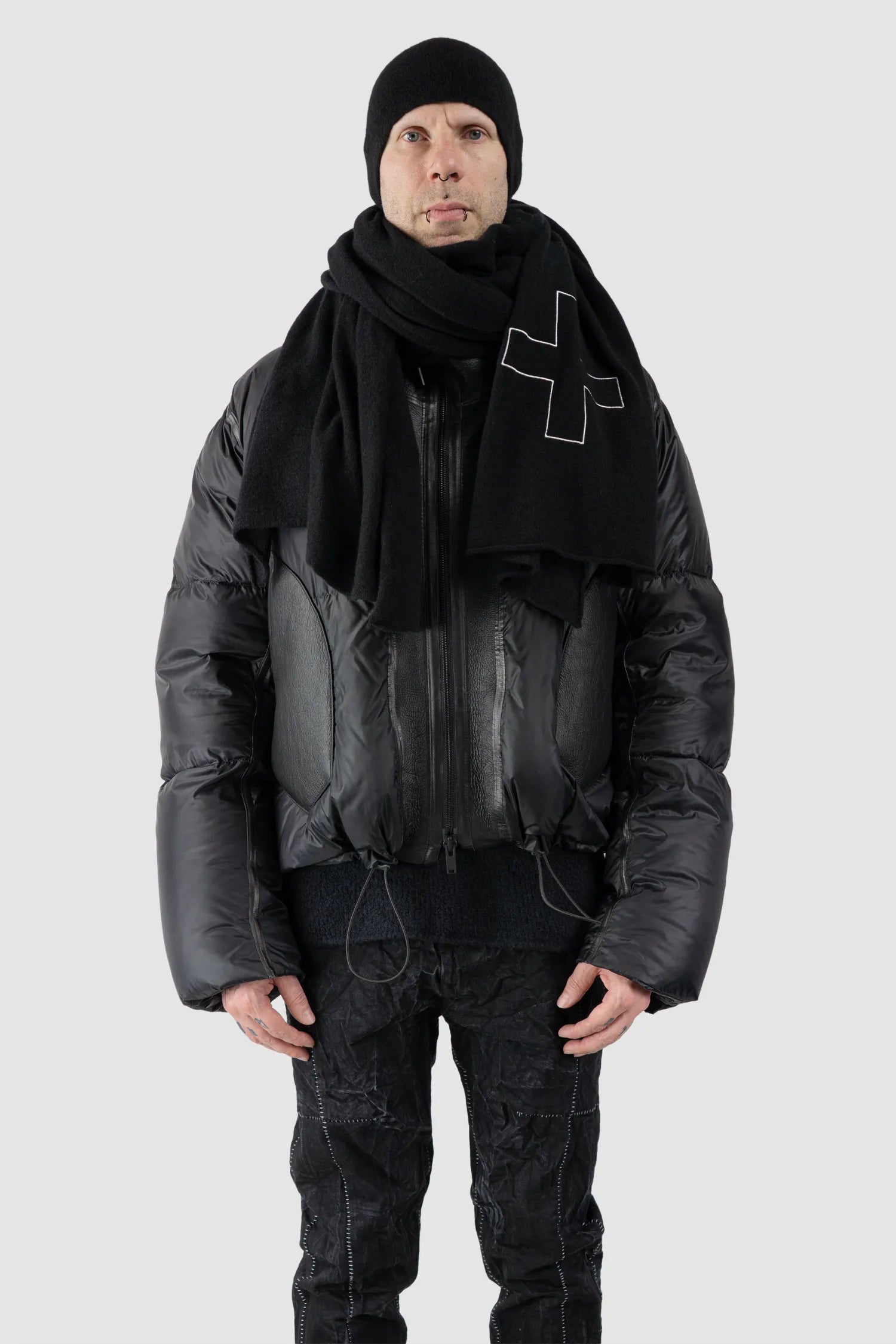 MD75 - Men's Black Cashmere Blend Scarf with Embroidered Logo - model front body view