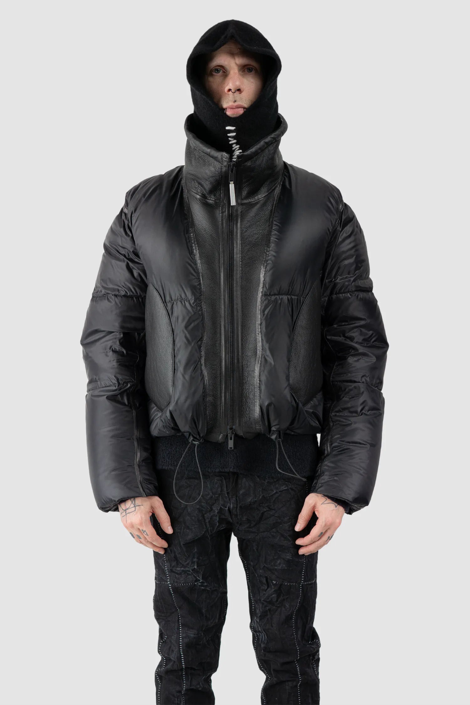 MD75 - Men's Black Cashmere Silk Embroidered Knit Balaclava Hood - model front body view