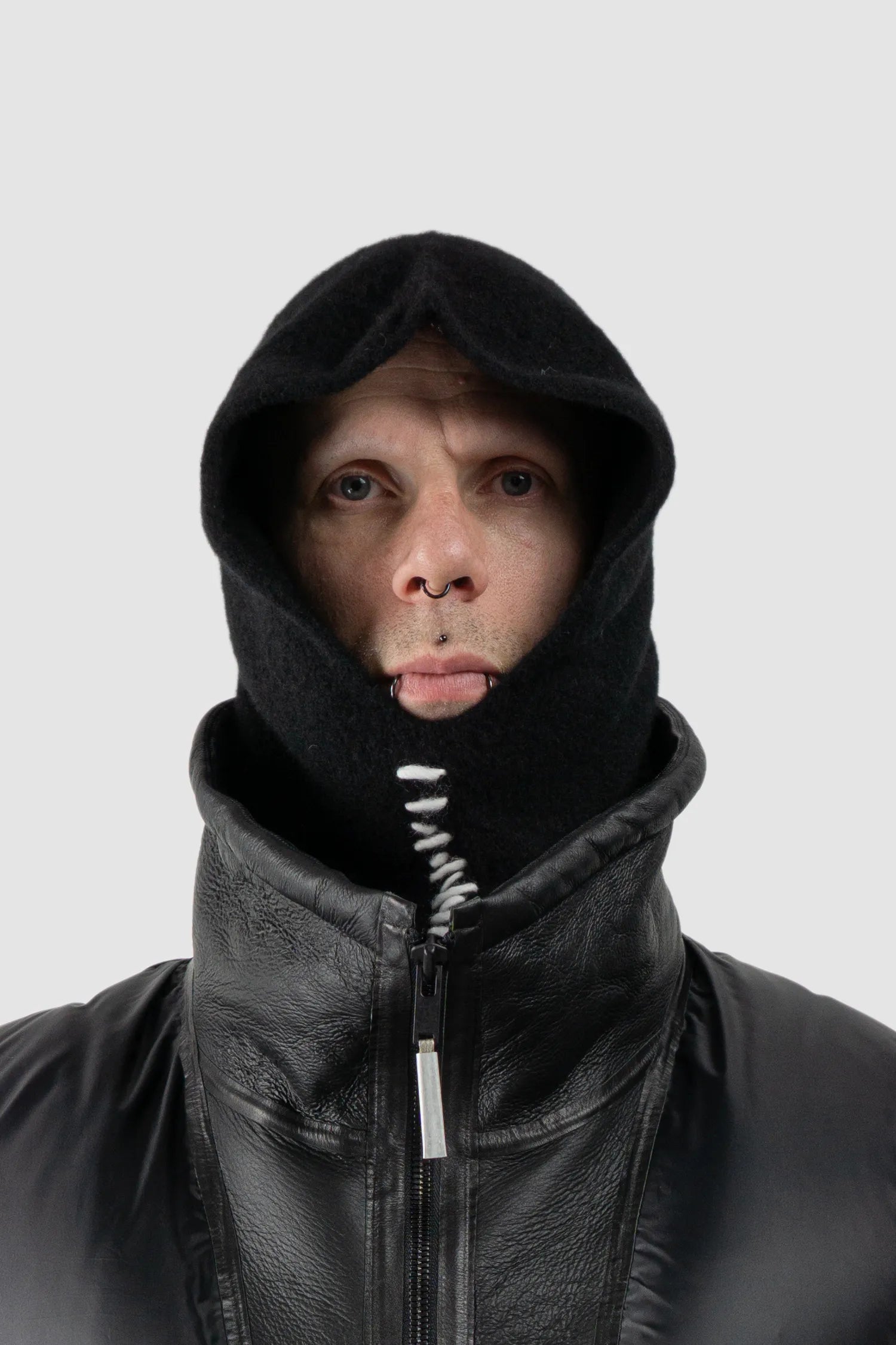MD75 - Men's Black Cashmere Silk Embroidered Knit Balaclava Hood - model front view - MONO-KROM | Gallery