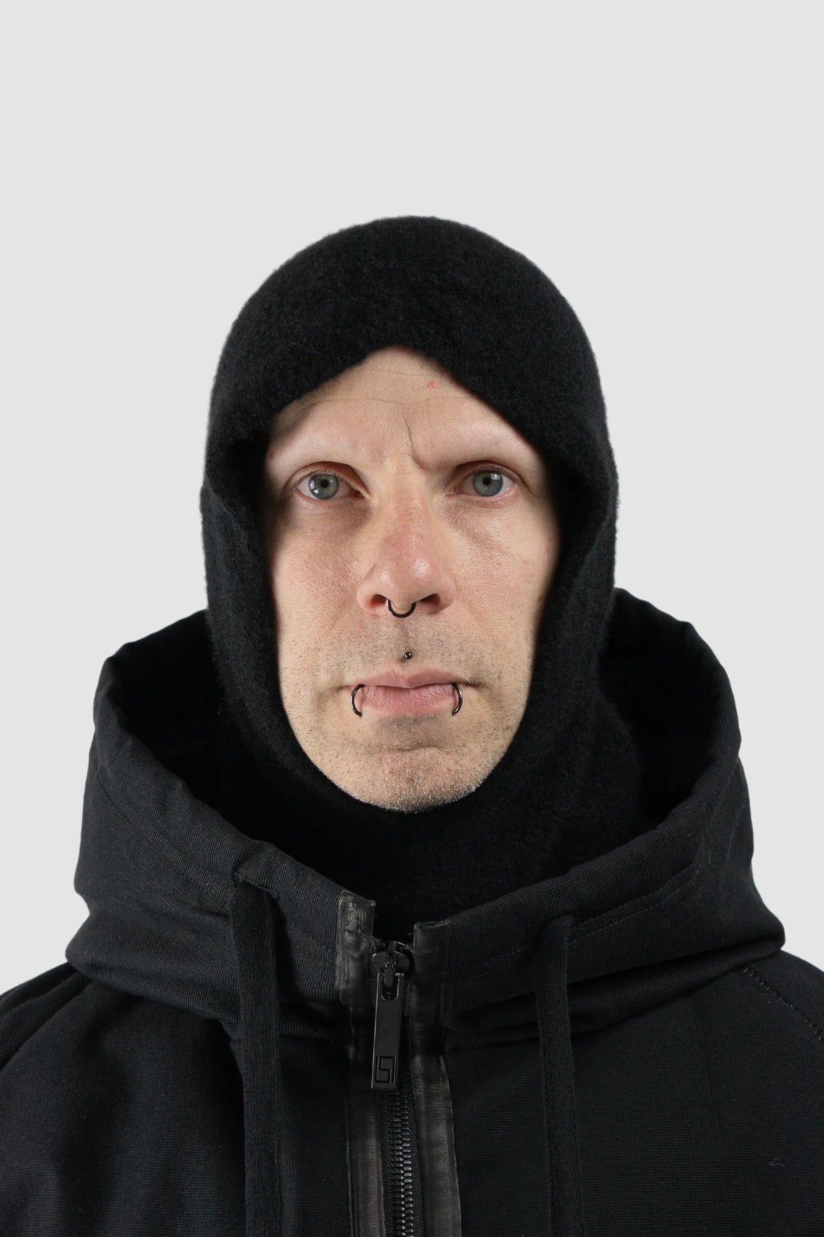 MD75 - Men's Black Cashmere Silk Knit Balaclava Hood - model front view - MONO-KROM | Gallery