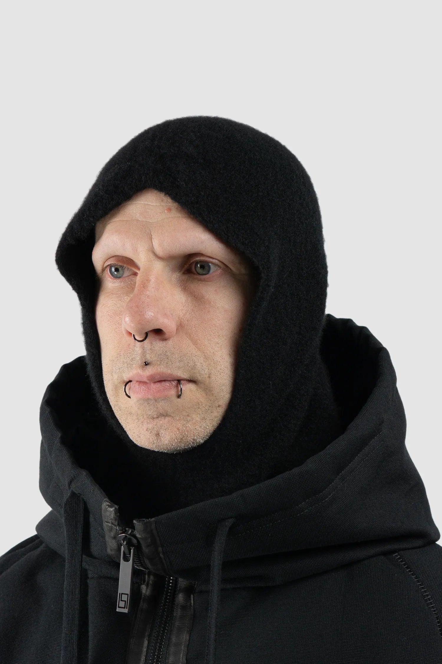 MD75 - Men's Black Cashmere Silk Knit Balaclava Hood - model left view