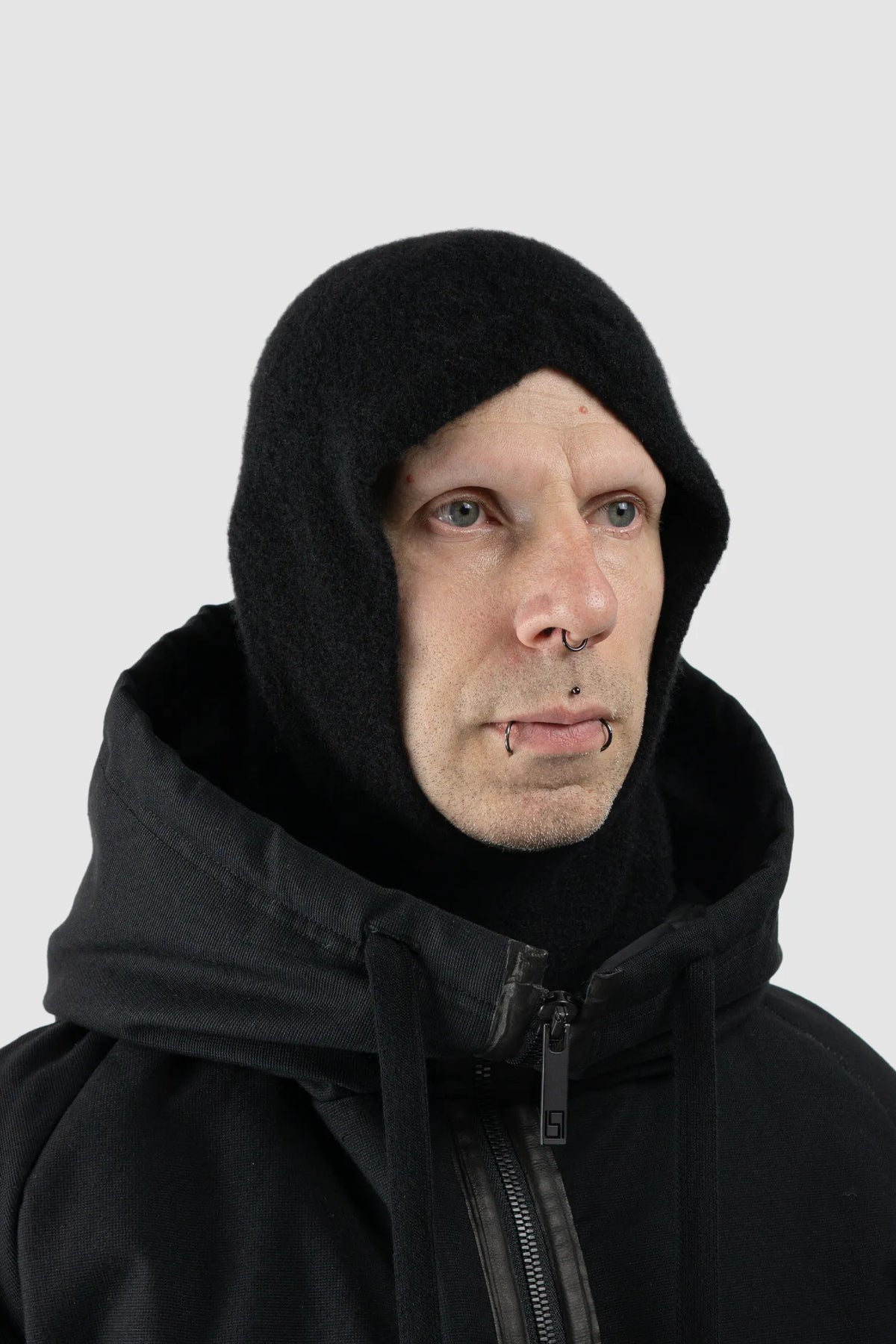 MD75 - Men's Black Cashmere Silk Knit Balaclava Hood - model right view