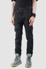 MD75 - Men’s Black Crinkled Stone Washed Denim Jeans model side view