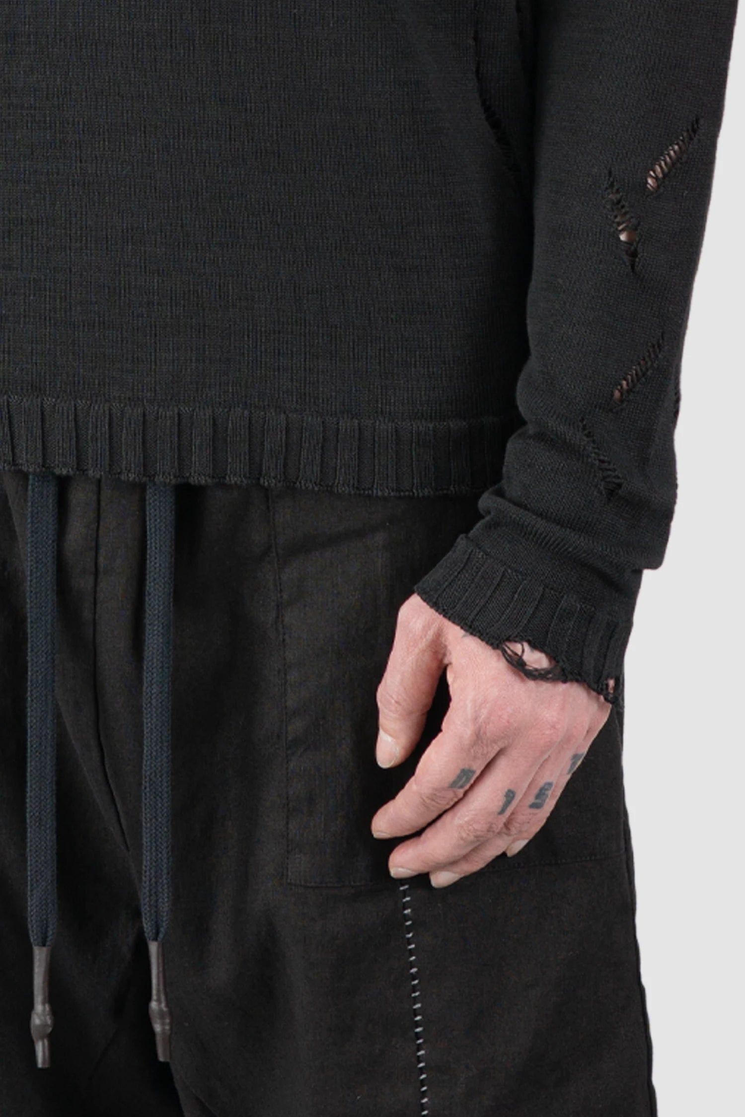 MD75 - Men’s Black Destroyed Cotton Knit Sweater arm detail view