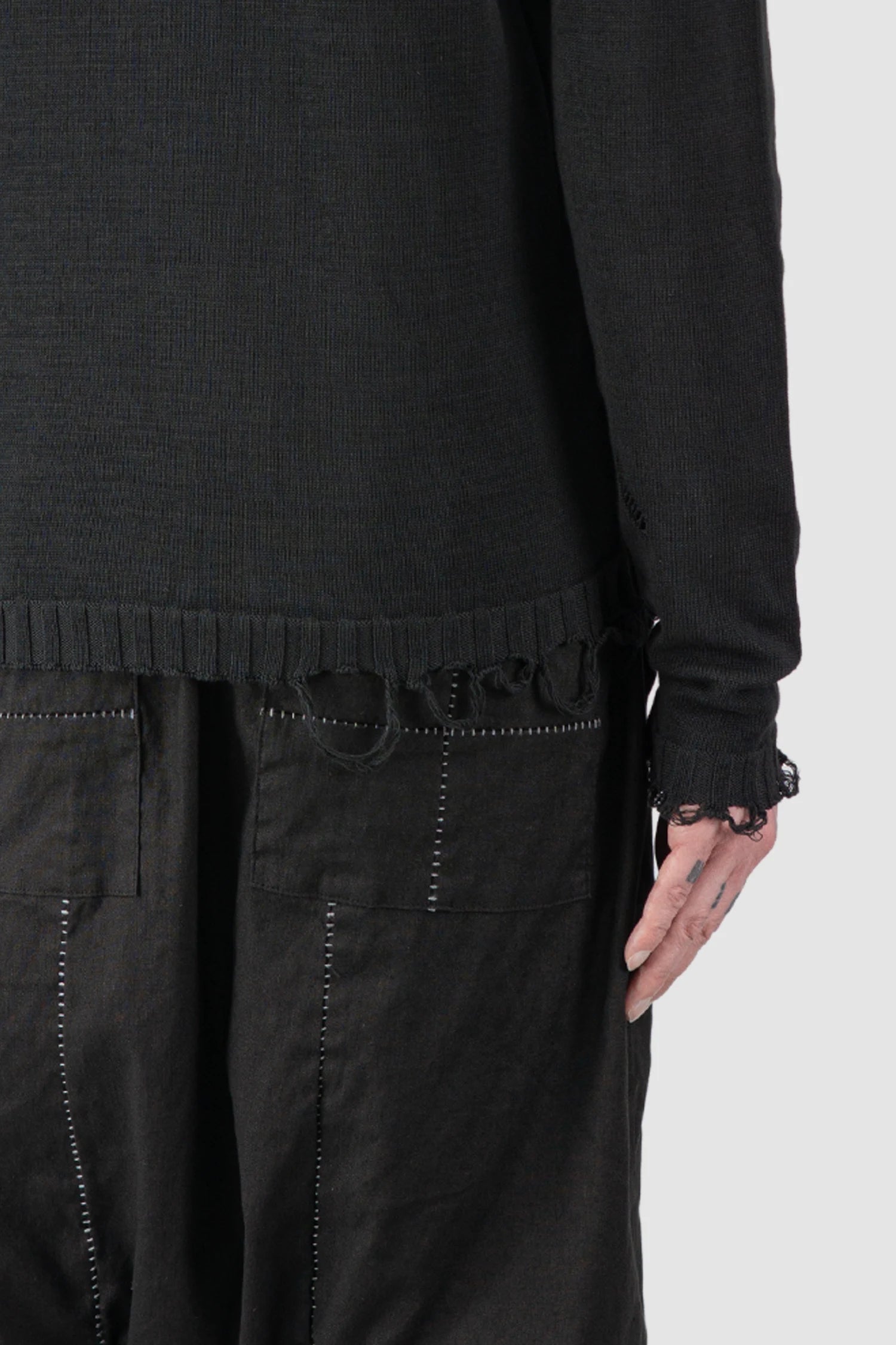 MD75 - Men’s Black Destroyed Cotton Knit Sweater back detail view