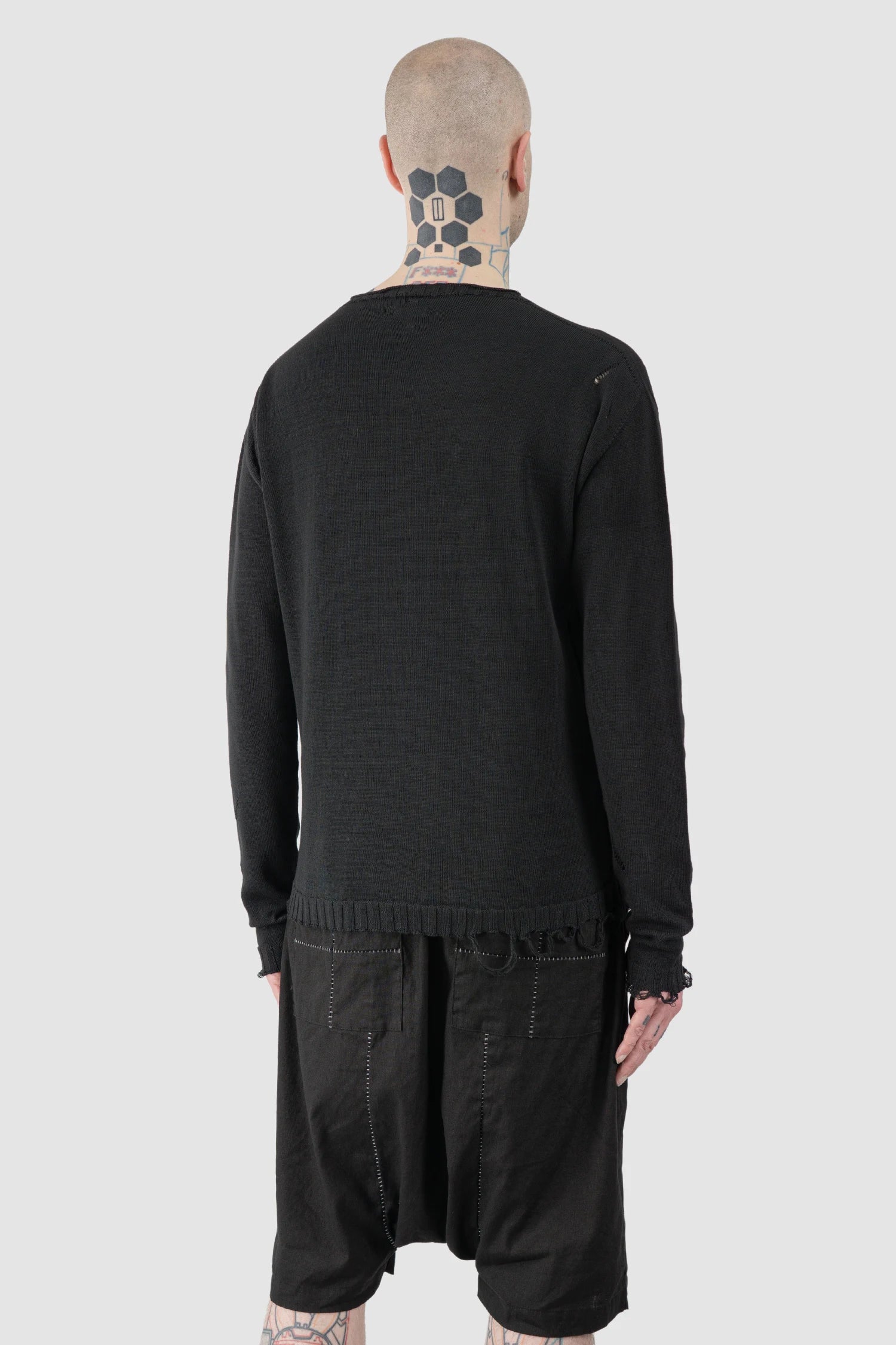 MD75 - Men’s Black Destroyed Cotton Knit Sweater model back side view