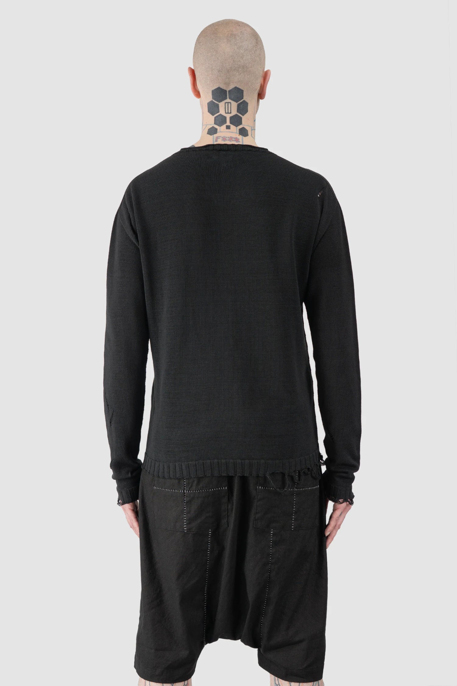 MD75 - Men’s Black Destroyed Cotton Knit Sweater model back view