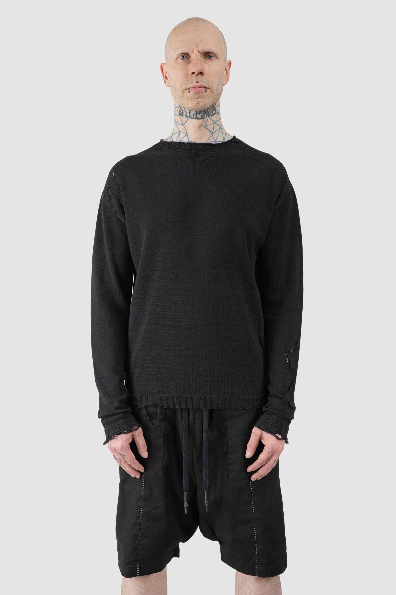 MD75 - Men’s Black Destroyed Cotton Knit Sweater model front view