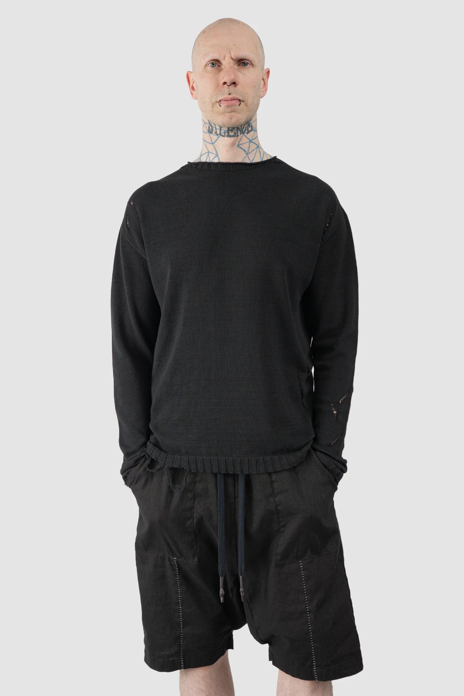 MD75 - Men’s Black Destroyed Cotton Knit Sweater model relaxed view
