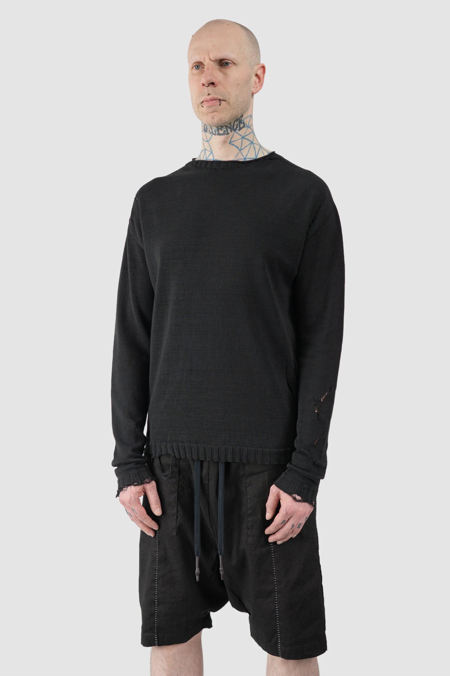MD75 - Men’s Black Destroyed Cotton Knit Sweater model side view