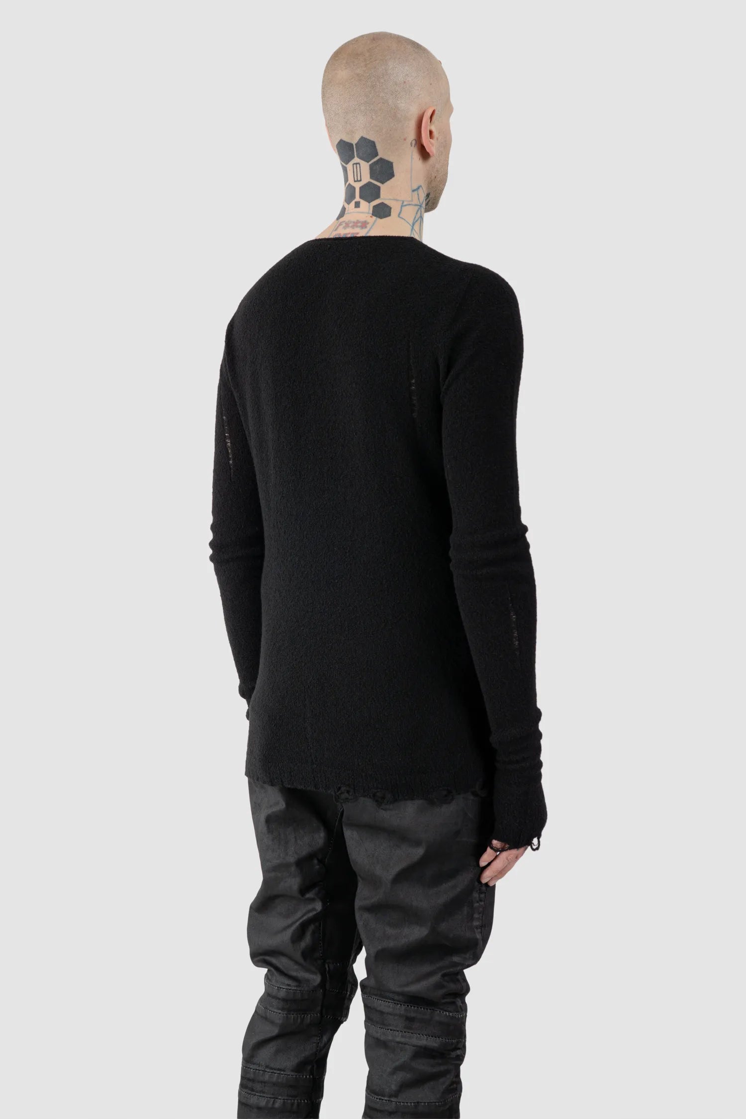MD75 - Men's Black Distressed Wool Silk Knit Sweater - model back side view