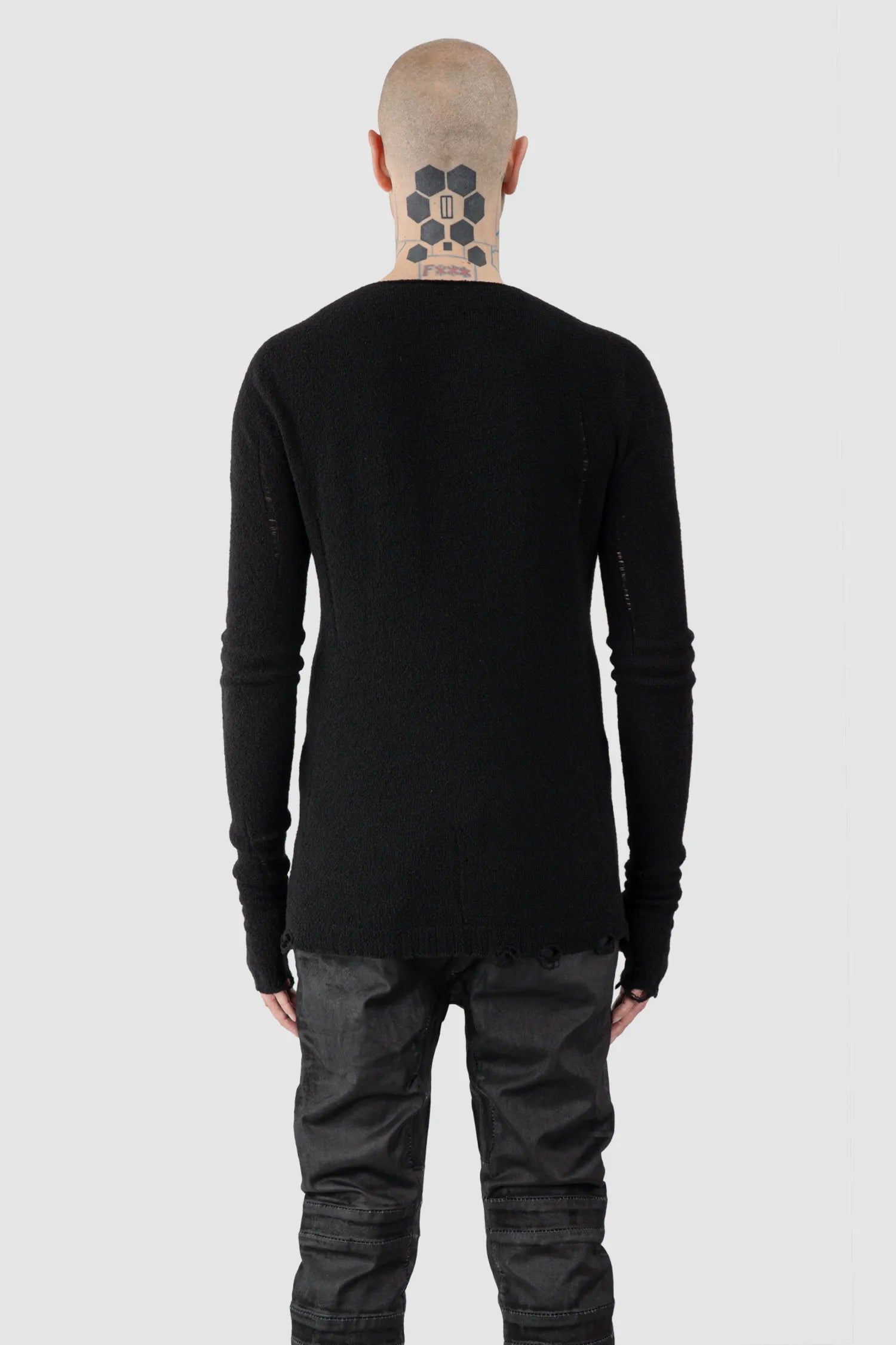 MD75 - Men's Black Distressed Wool Silk Knit Sweater - model back view