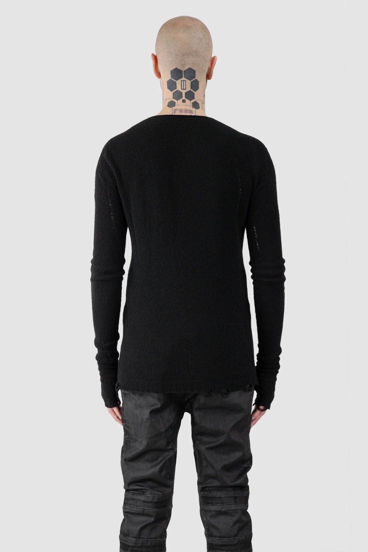 MD75 - Men's Black Distressed Wool Silk Knit Sweater - model back view