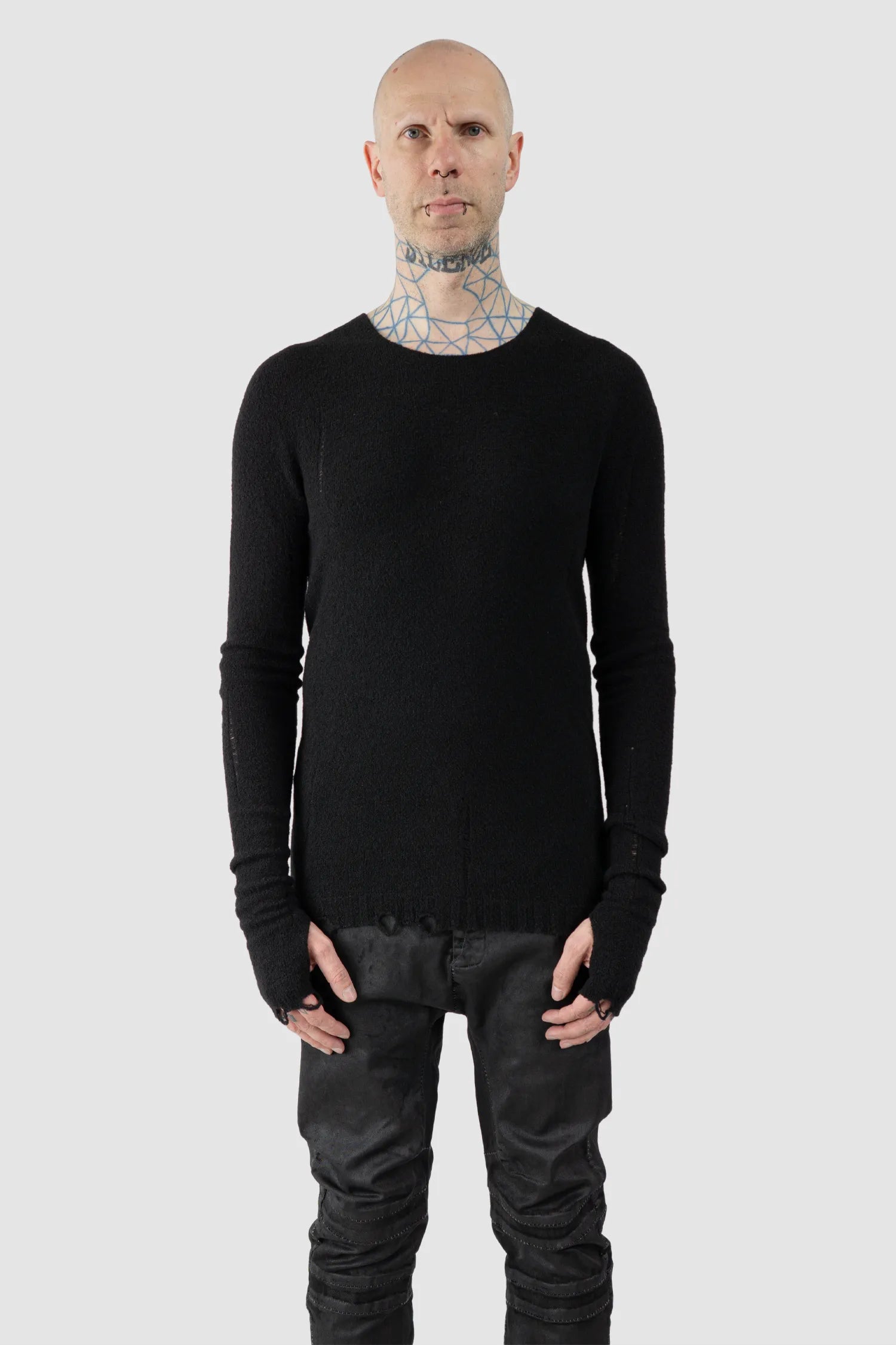 MD75 - Men's Black Distressed Wool Silk Knit Sweater - model front view - MONO-KROM | Gallery