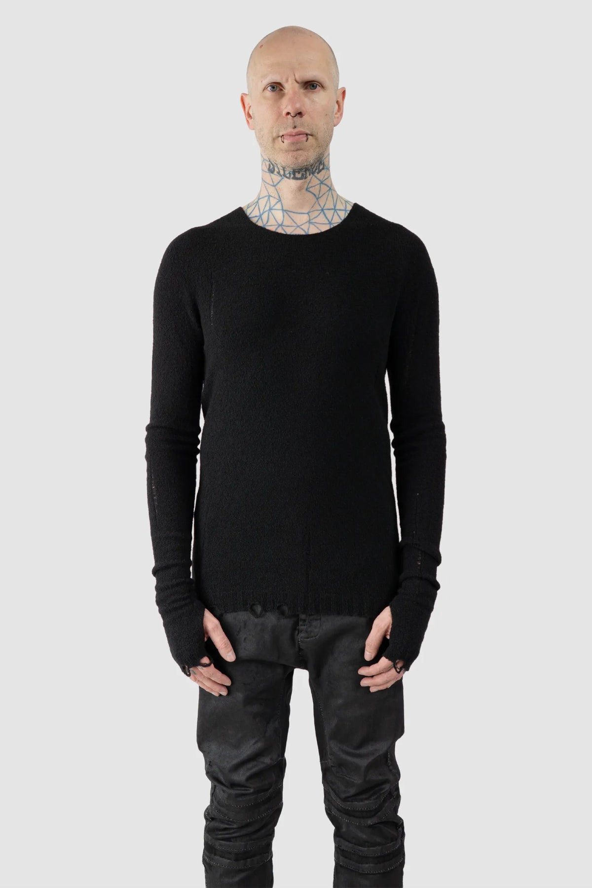 MD75 - Men's Black Distressed Wool Silk Knit Sweater - model front view - MONO-KROM | Gallery