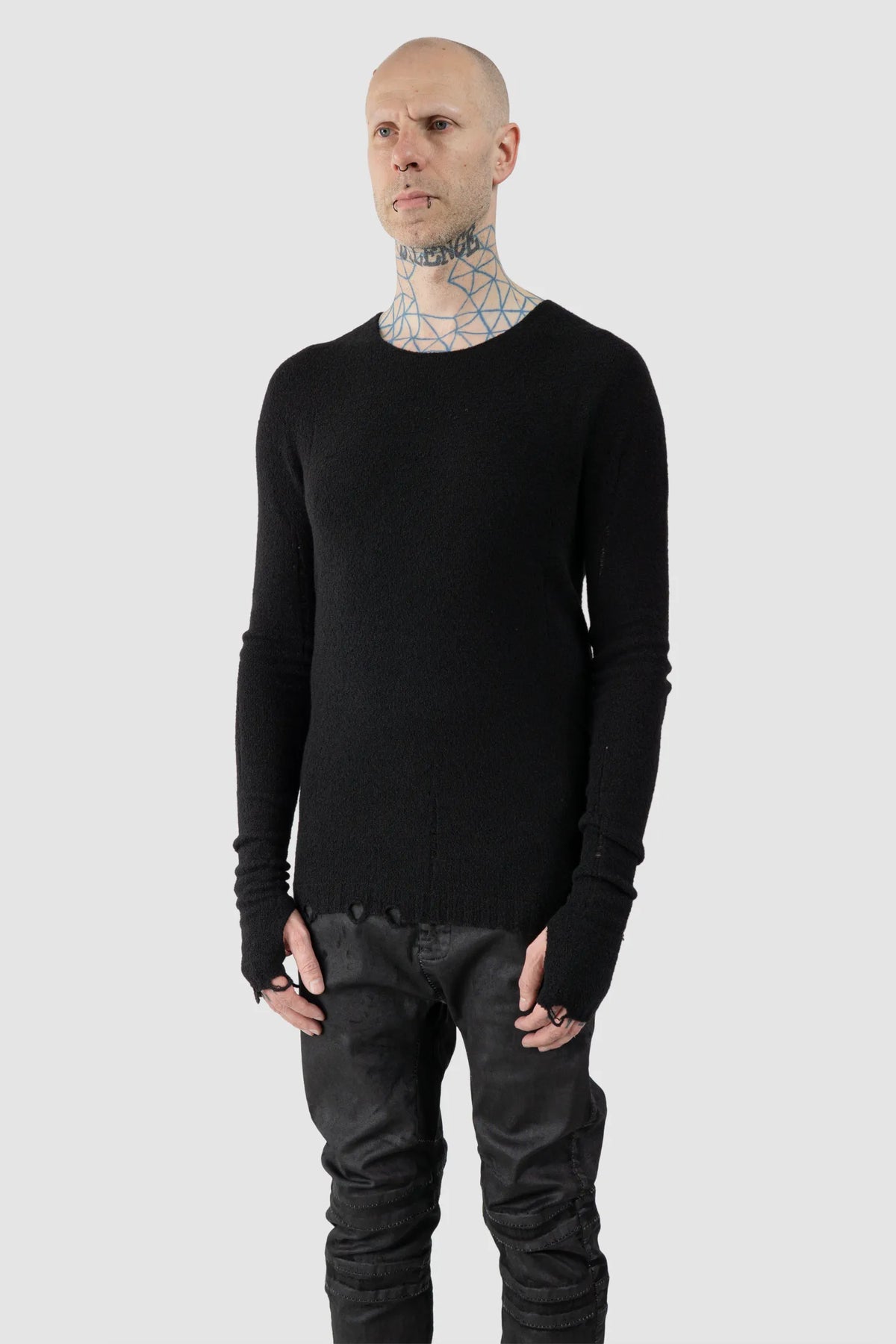 MD75 - Men's Black Distressed Wool Silk Knit Sweater - model front side view - MONO-KROM | Gallery
