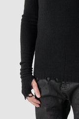 MD75 - Men's Black Distressed Wool Silk Knit Sweater -thumbhole detail view