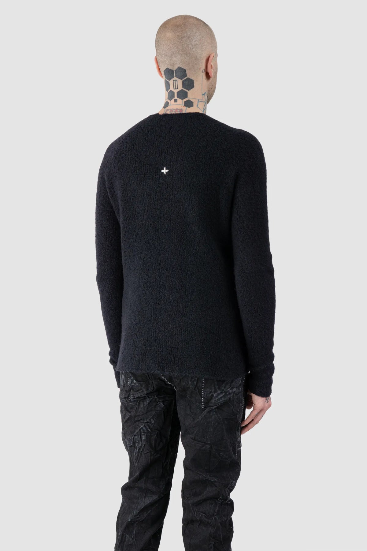 MD75 - Men's Black Heavy Wool Knit Sweater with Cross Detail - model back side view - MONO-KROM | Gallery