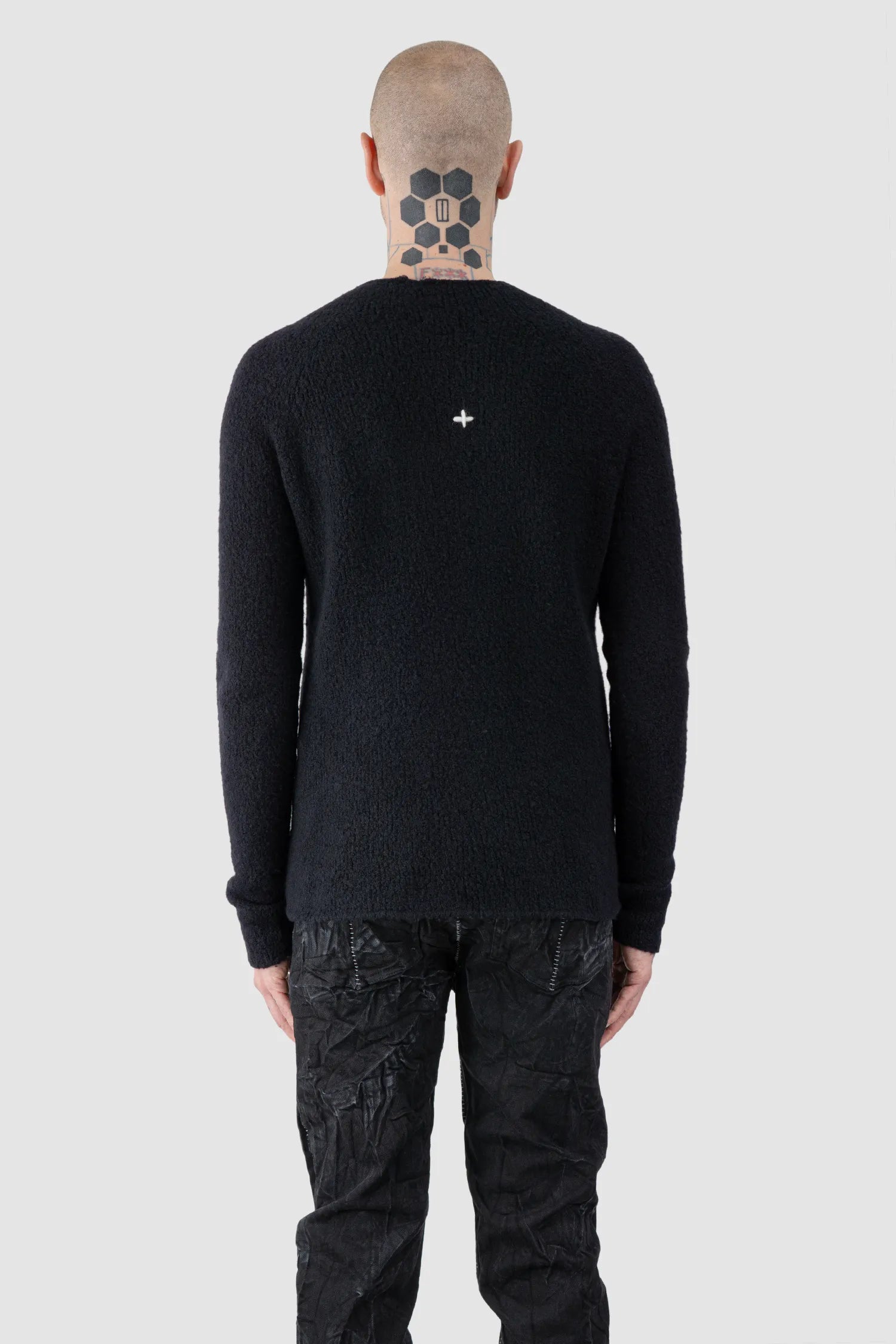 MD75 - Men's Black Heavy Wool Knit Sweater with Cross Detail - model back view