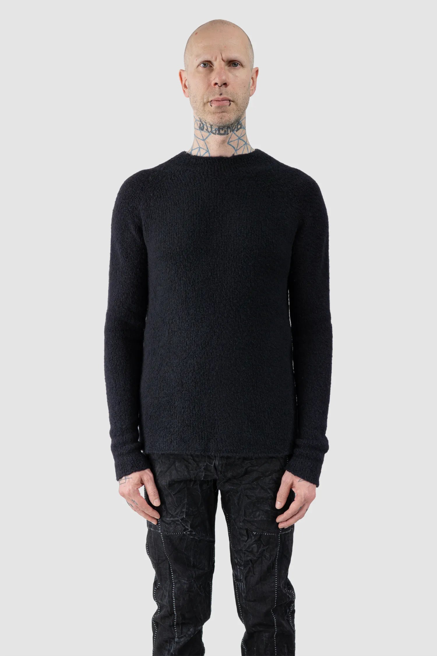 MD75 - Men's Black Heavy Wool Knit Sweater with Cross Detail - model front view - MONO-KROM | Gallery