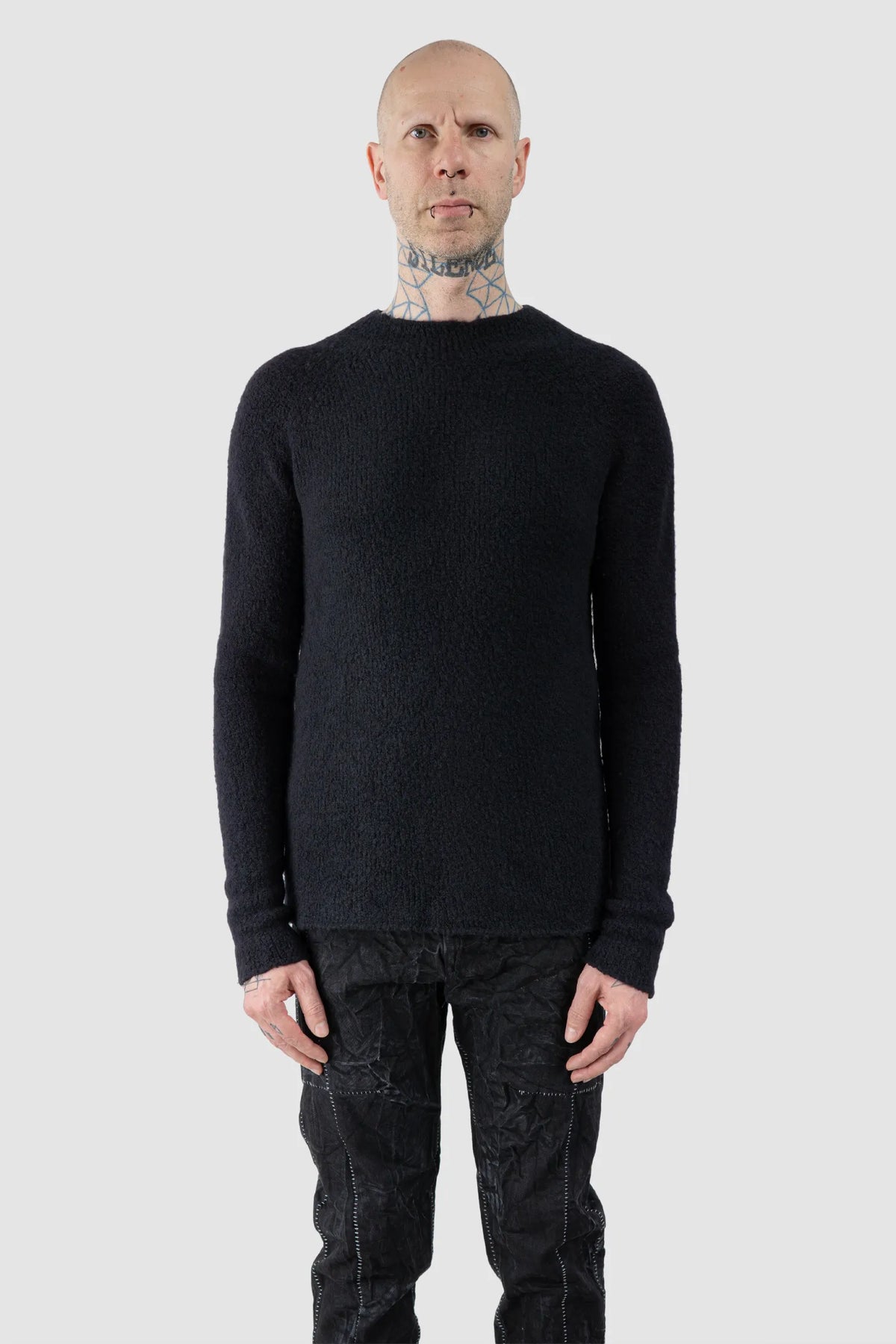 MD75 - Men's Black Heavy Wool Knit Sweater with Cross Detail - model front view - MONO-KROM | Gallery