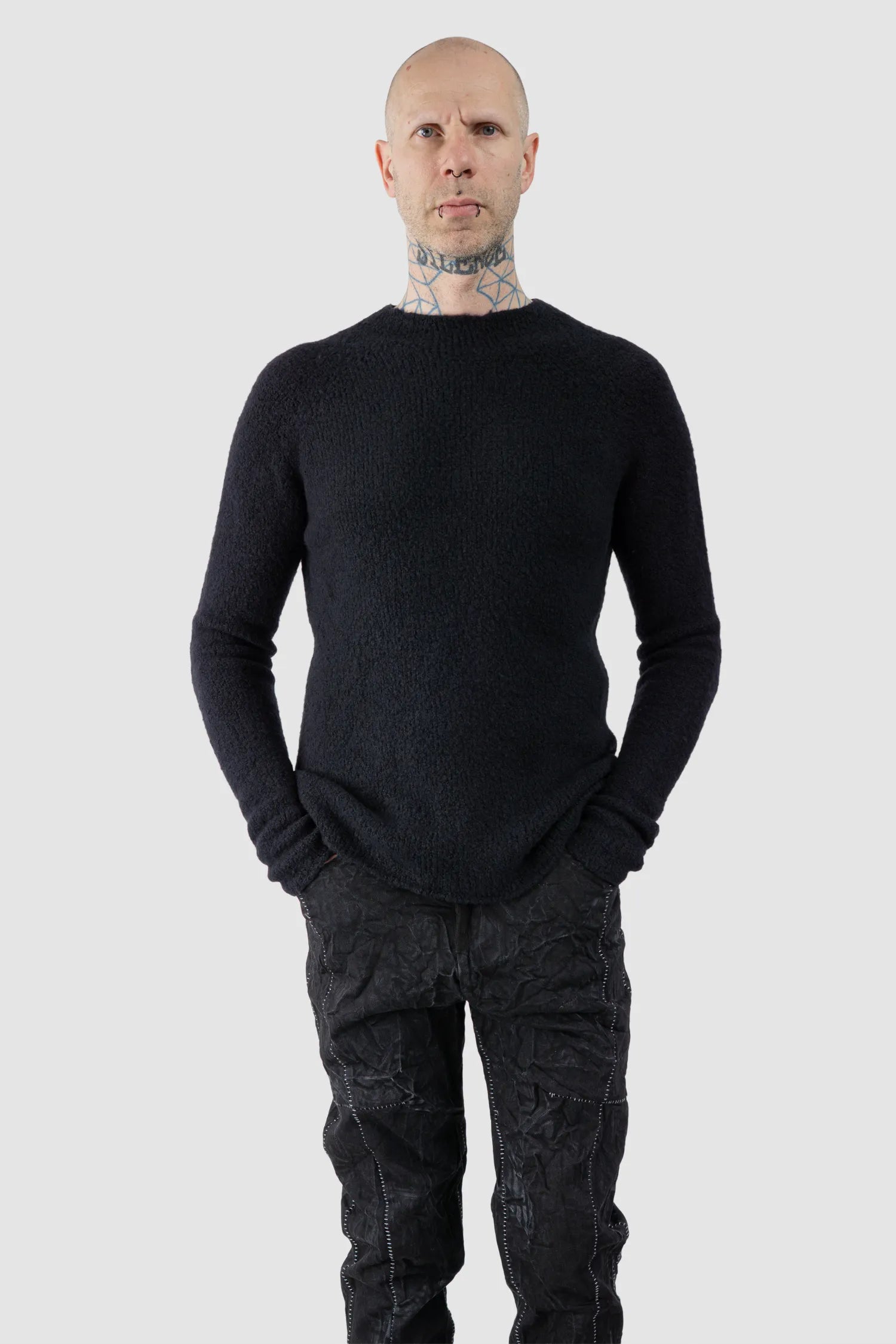 MD75 - Men's Black Heavy Wool Knit Sweater with Cross Detail - model relaxed view