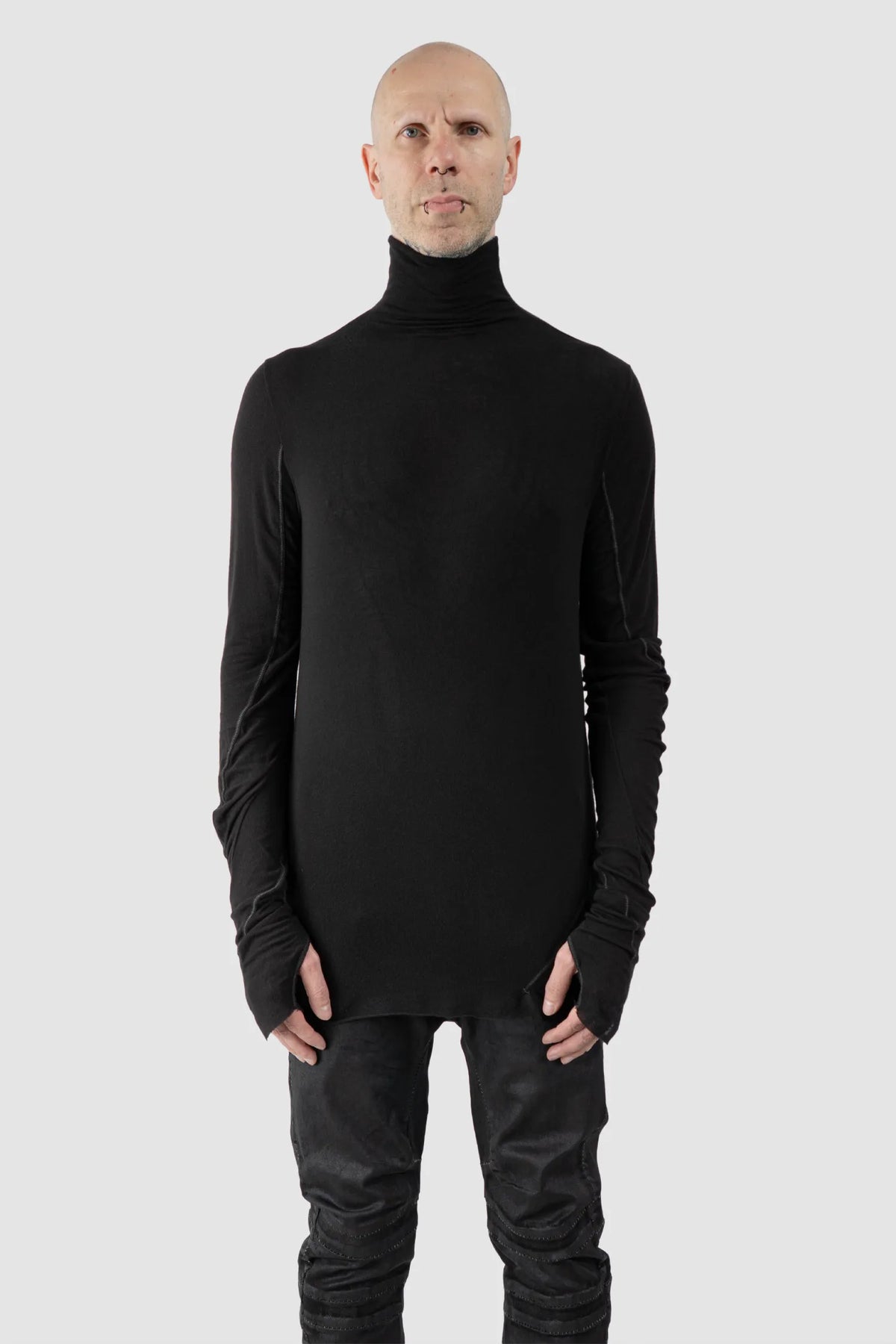 MD75 - Men's Black Lightweight Modal Cashmere High Neck Sweater - model front view - MONO-KROM | Gallery