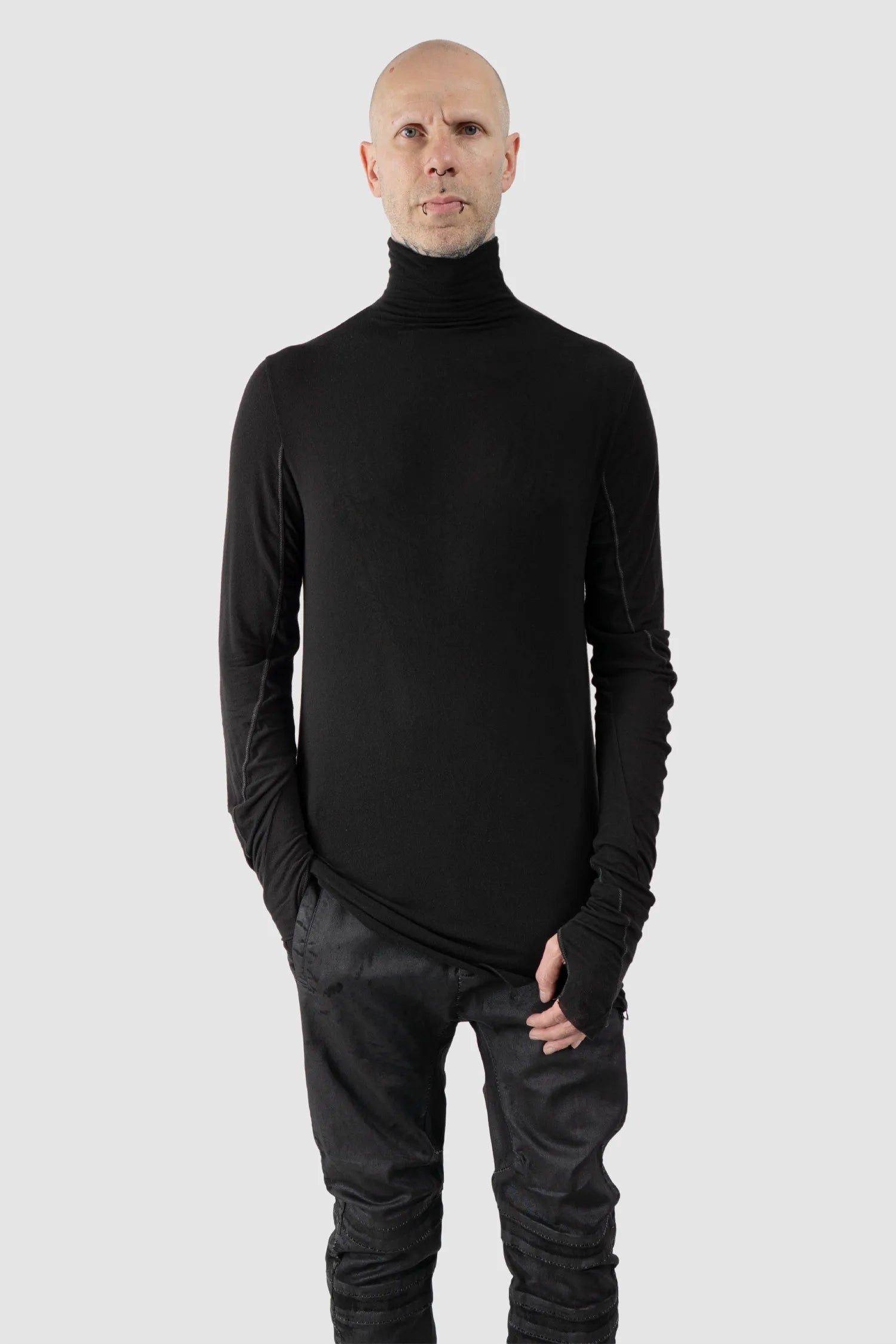 MD75 - Men's Black Lightweight Modal Cashmere High Neck Sweater - model relaxed view
