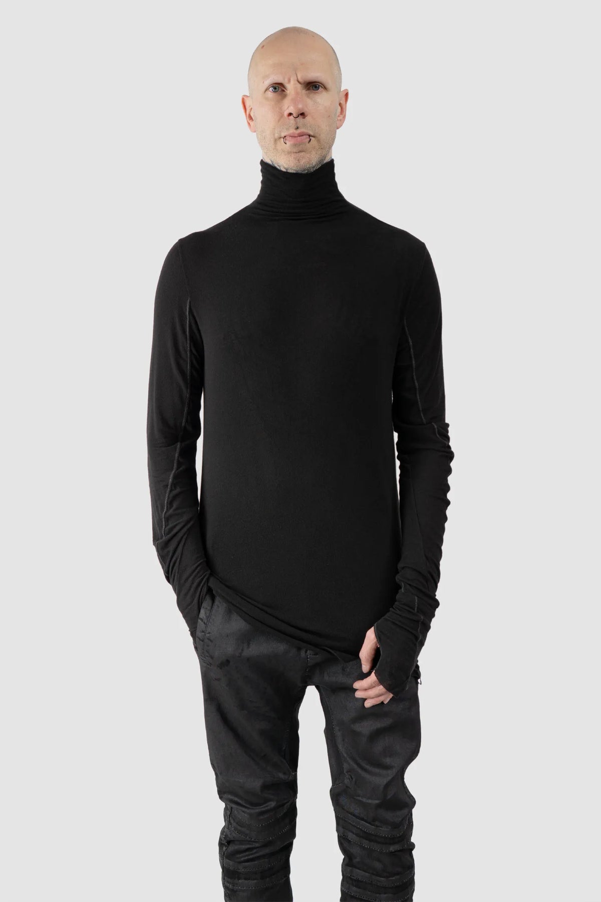 MD75 - Men's Black Lightweight Modal Cashmere High Neck Sweater - model relaxed view