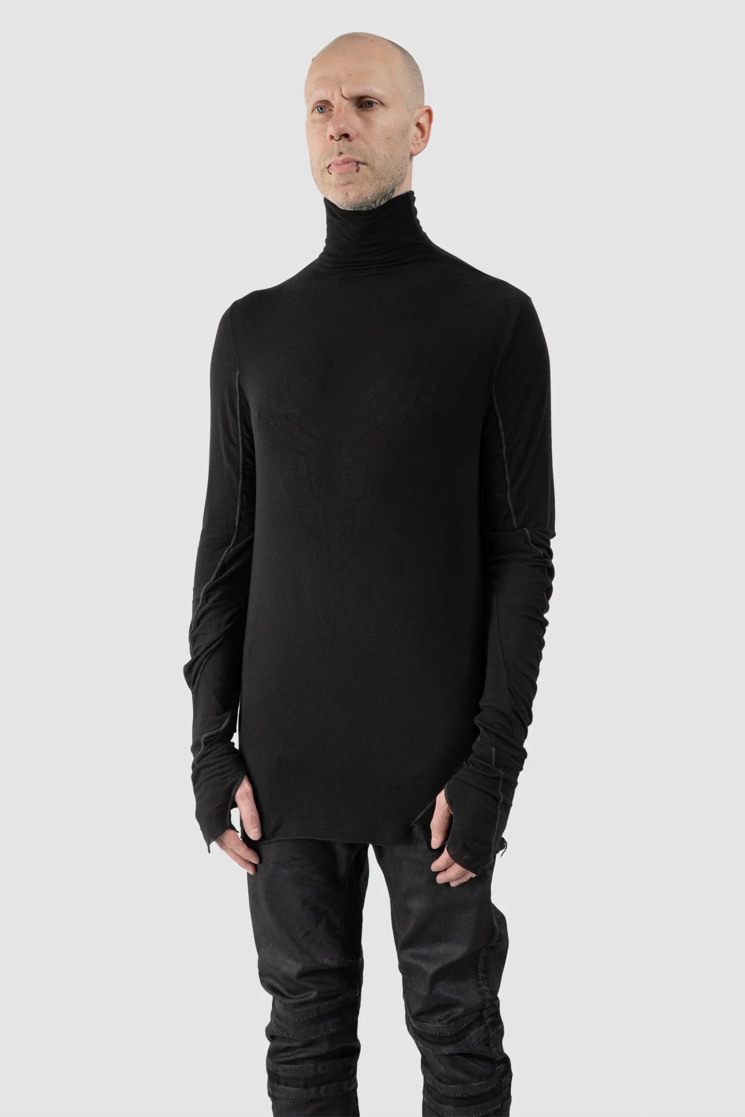 MD75 - Men's Black Lightweight Modal Cashmere High Neck Sweater - model front side view - MONO-KROM | Gallery