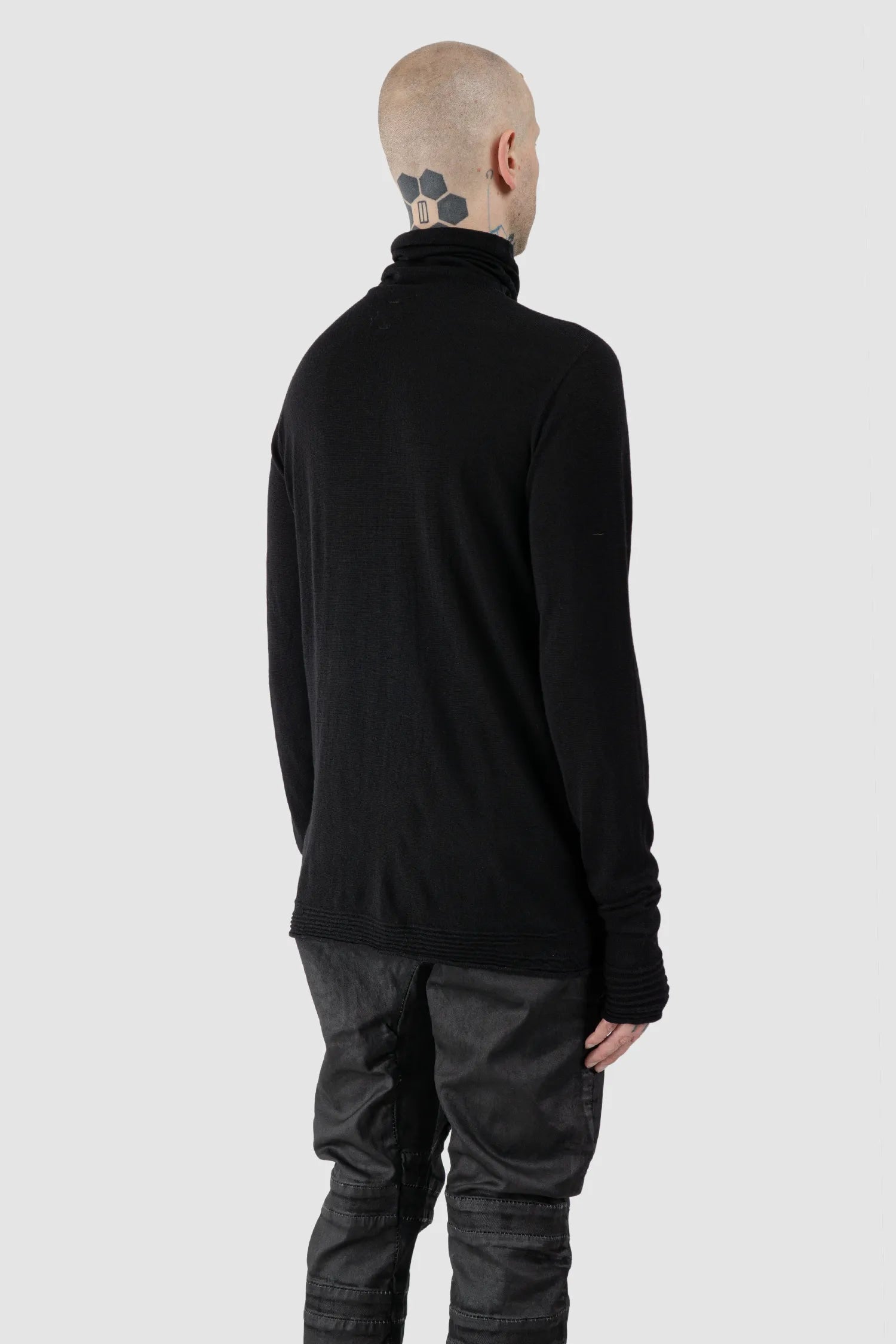 MD75 - Men's Black Lightweight Wool Turtleneck Knit Sweater - model back side view