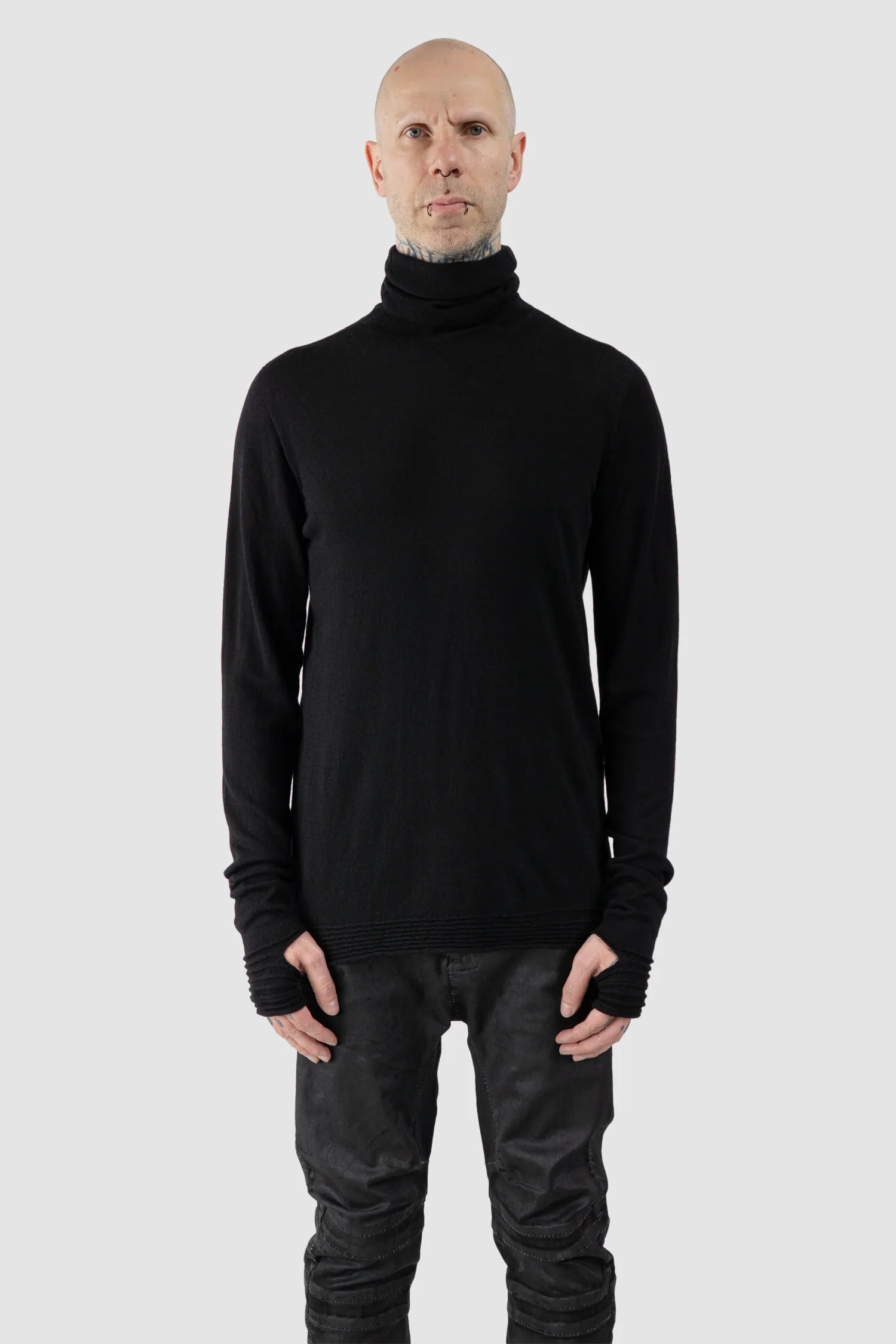 MD75 - Men's Black Lightweight Wool Turtleneck Knit Sweater - model front view - MONO-KROM | Gallery