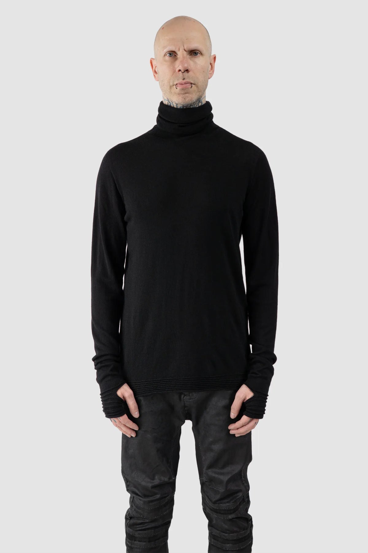 MD75 - Men's Black Lightweight Wool Turtleneck Knit Sweater - model front view - MONO-KROM | Gallery