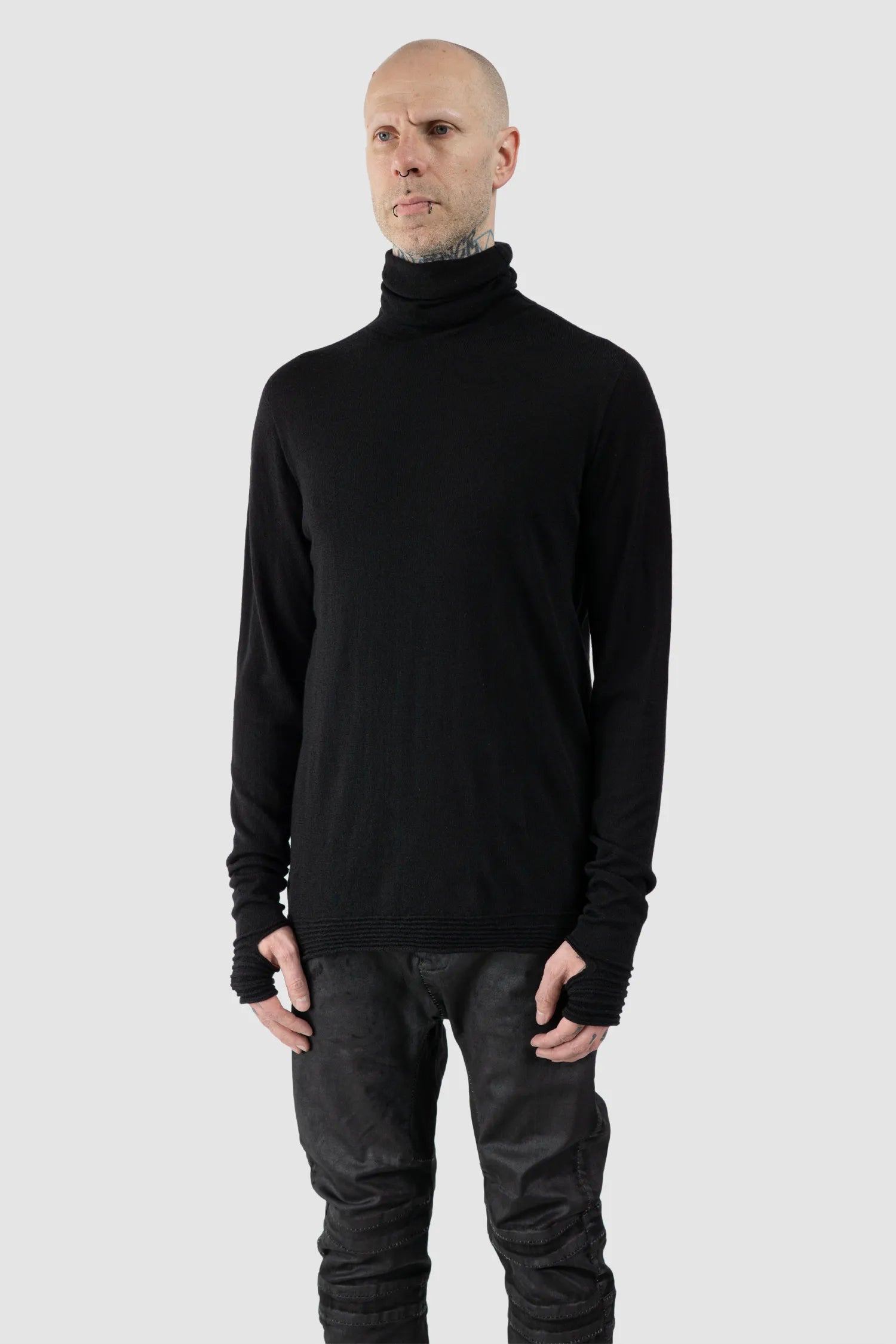 MD75 - Men's Black Lightweight Wool Turtleneck Knit Sweater - model front side view - MONO-KROM | Gallery