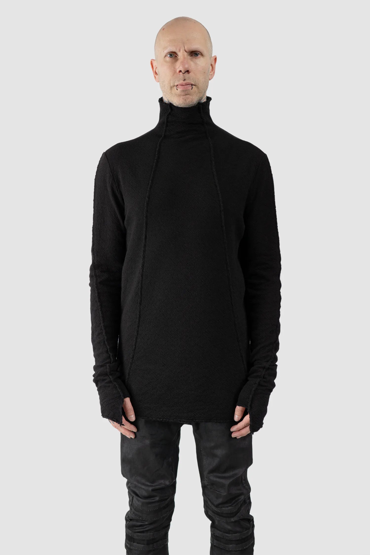 MD75 - Men's Black Reversible Double Layer Cotton Wool Sweater - model front view - MONO-KROM | Gallery