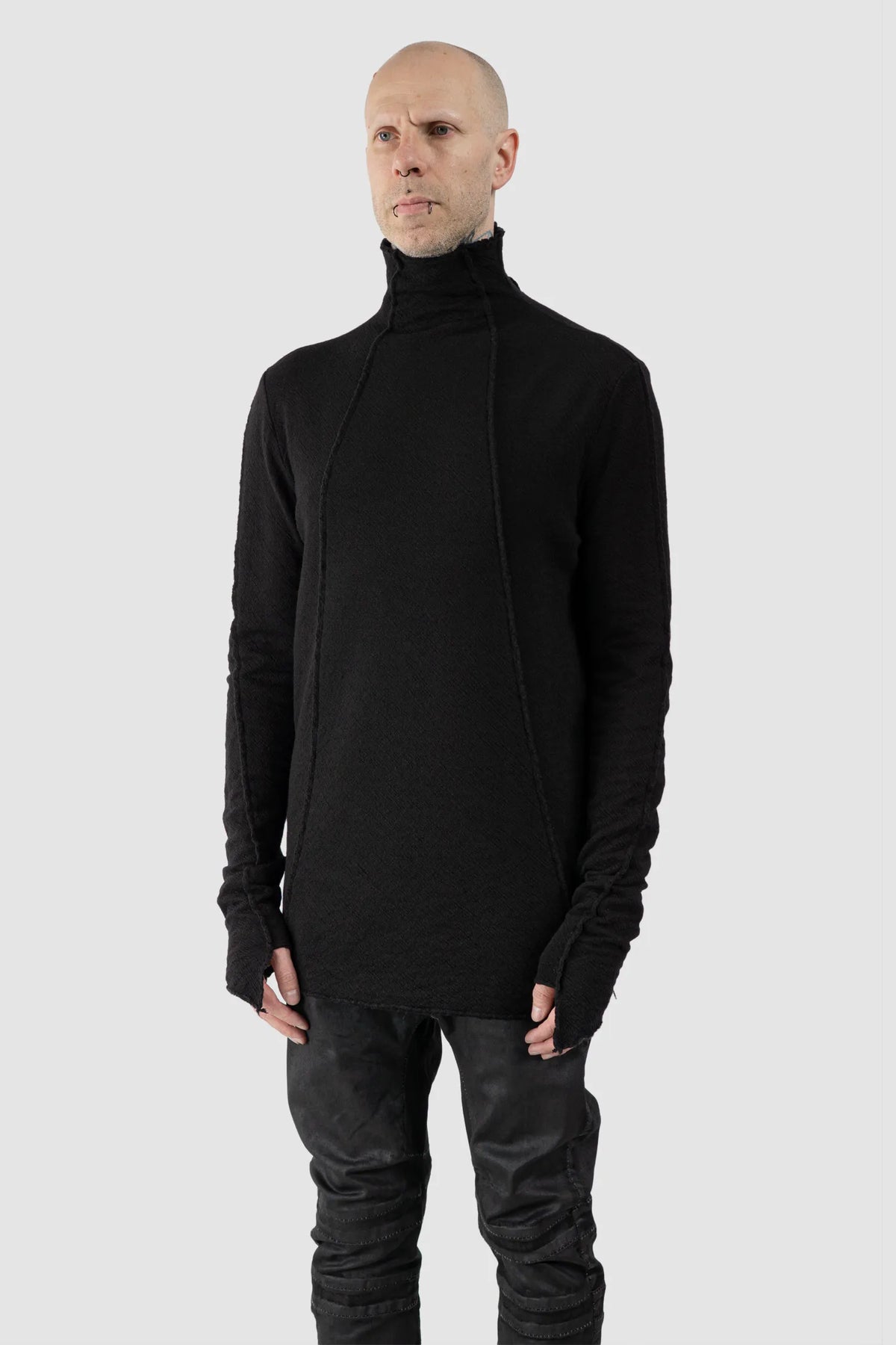 MD75 - Men's Black Reversible Double Layer Cotton Wool Sweater - model front side view - MONO-KROM | Gallery