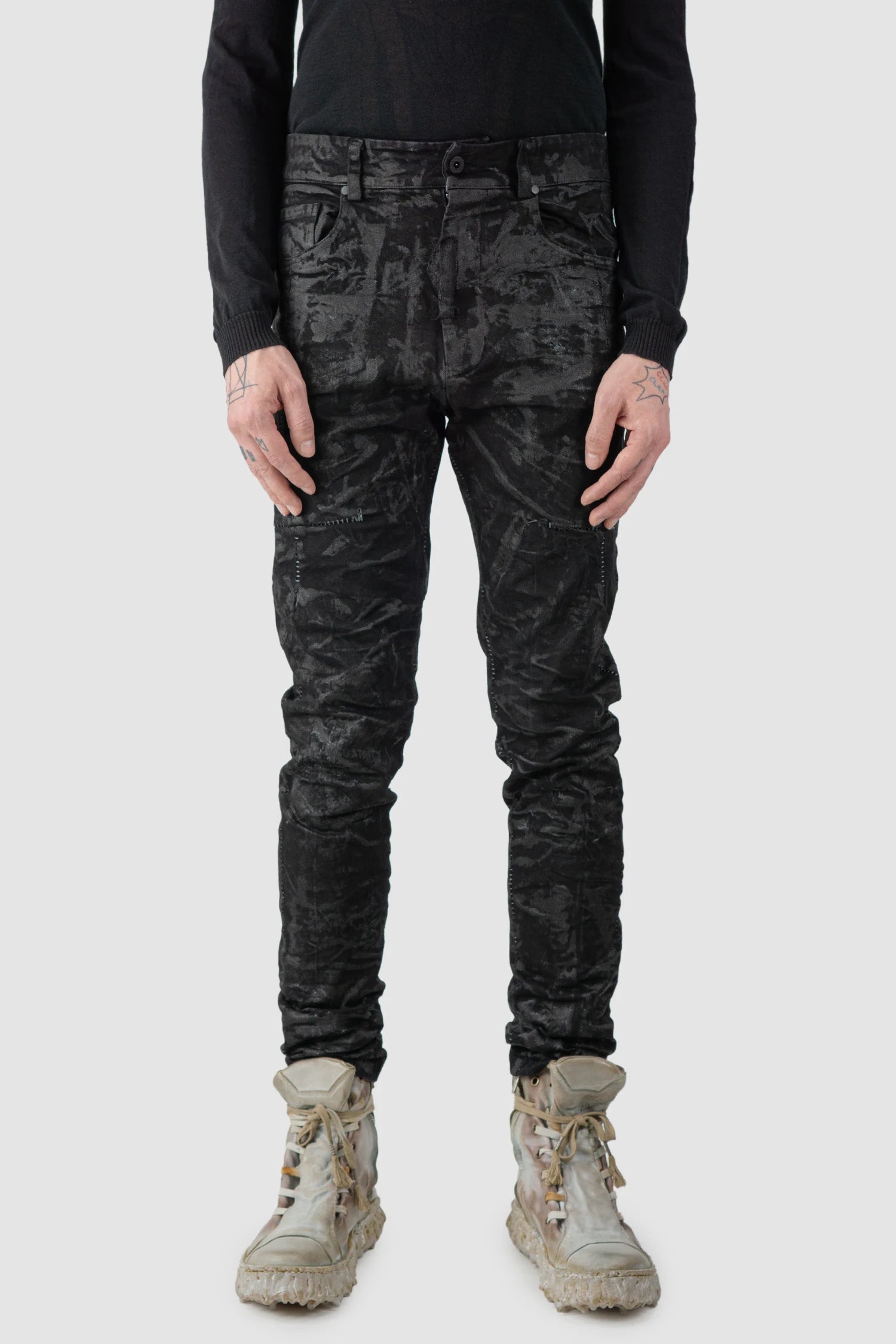 MD75 - model front view of men’s Black Sandpaper Coated Stacked Denim Jeans