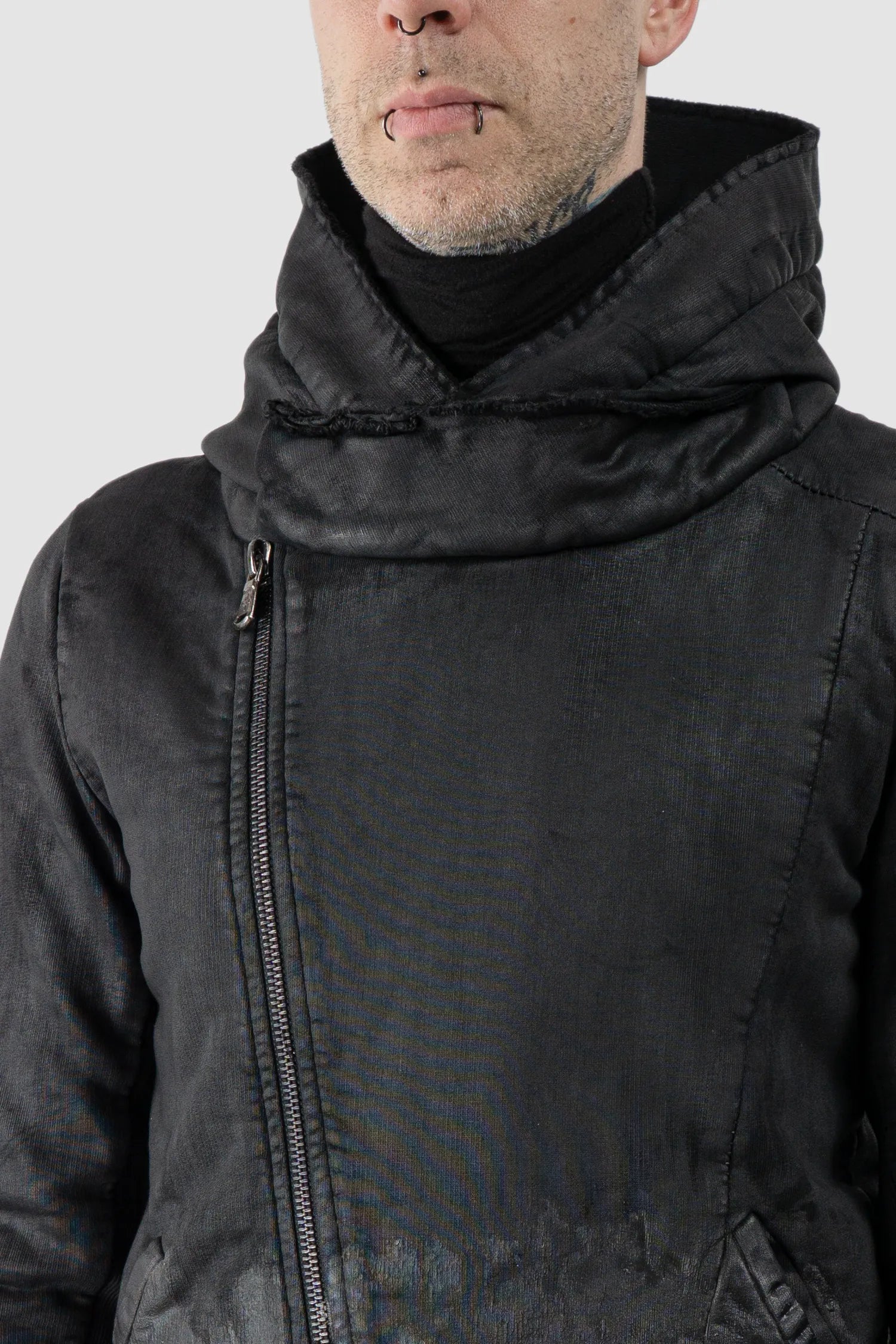 MD75 - Men's Black Waxed Cotton Zip Hoodie - front detail view