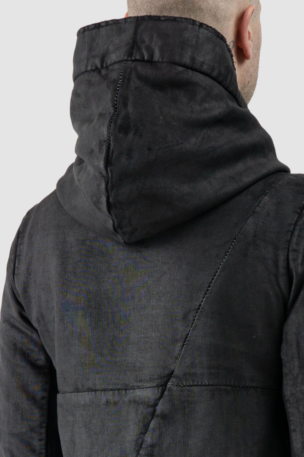 MD75 - Men's Black Waxed Cotton Zip Hoodie - hood detail view