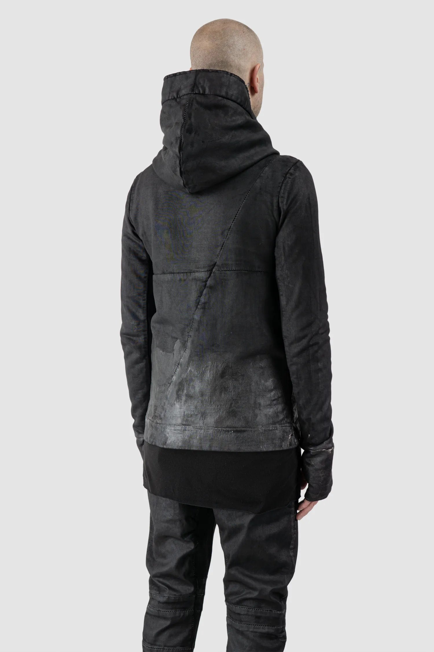 MD75 - Men's Black Waxed Cotton Zip Hoodie - model back side view