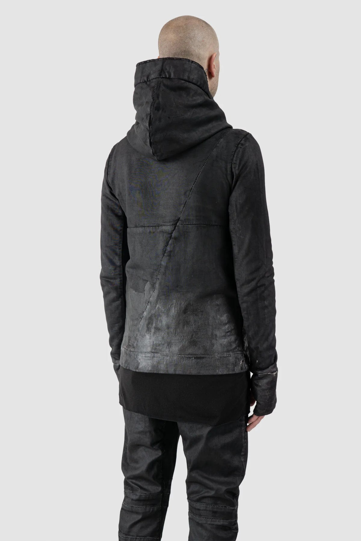 MD75 - Men's Black Waxed Cotton Zip Hoodie - model back side view